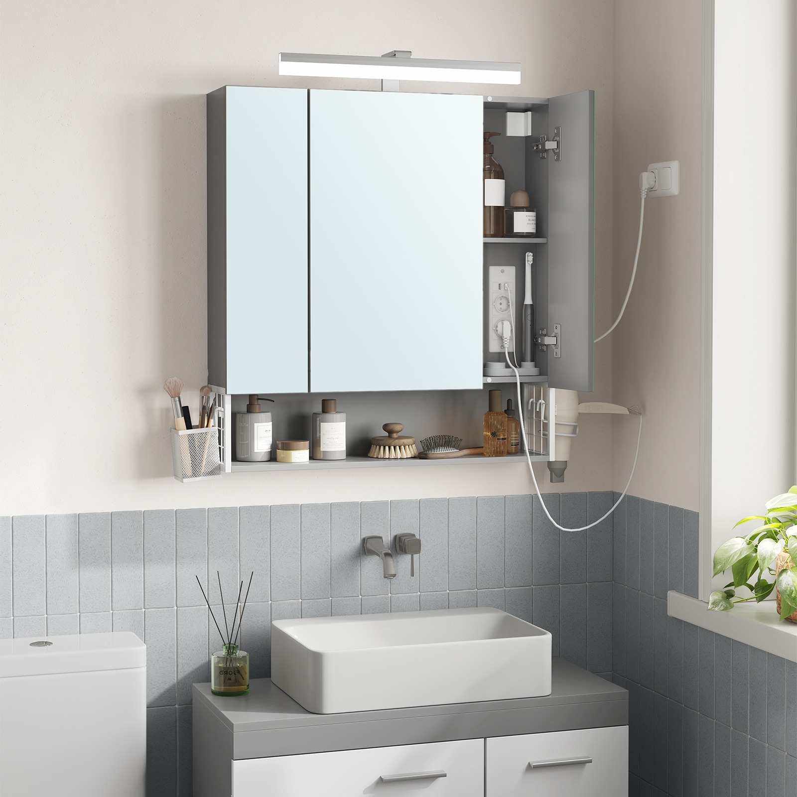 E-shop Badezimmerschrank mit 3 Türen, Spiegelschrank, Wandschrank, Steckdosen, Hängekorb, Haartrockner-Halter, viel Stauraum, für Badezimmer, 16,5 x 70