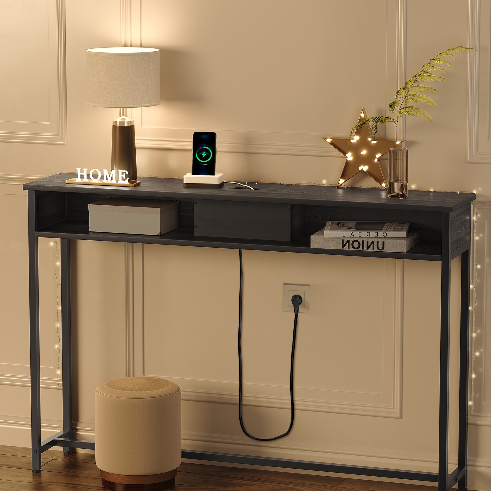 Console Table With Sockets, Side Table With 2 Compartments, Narrow