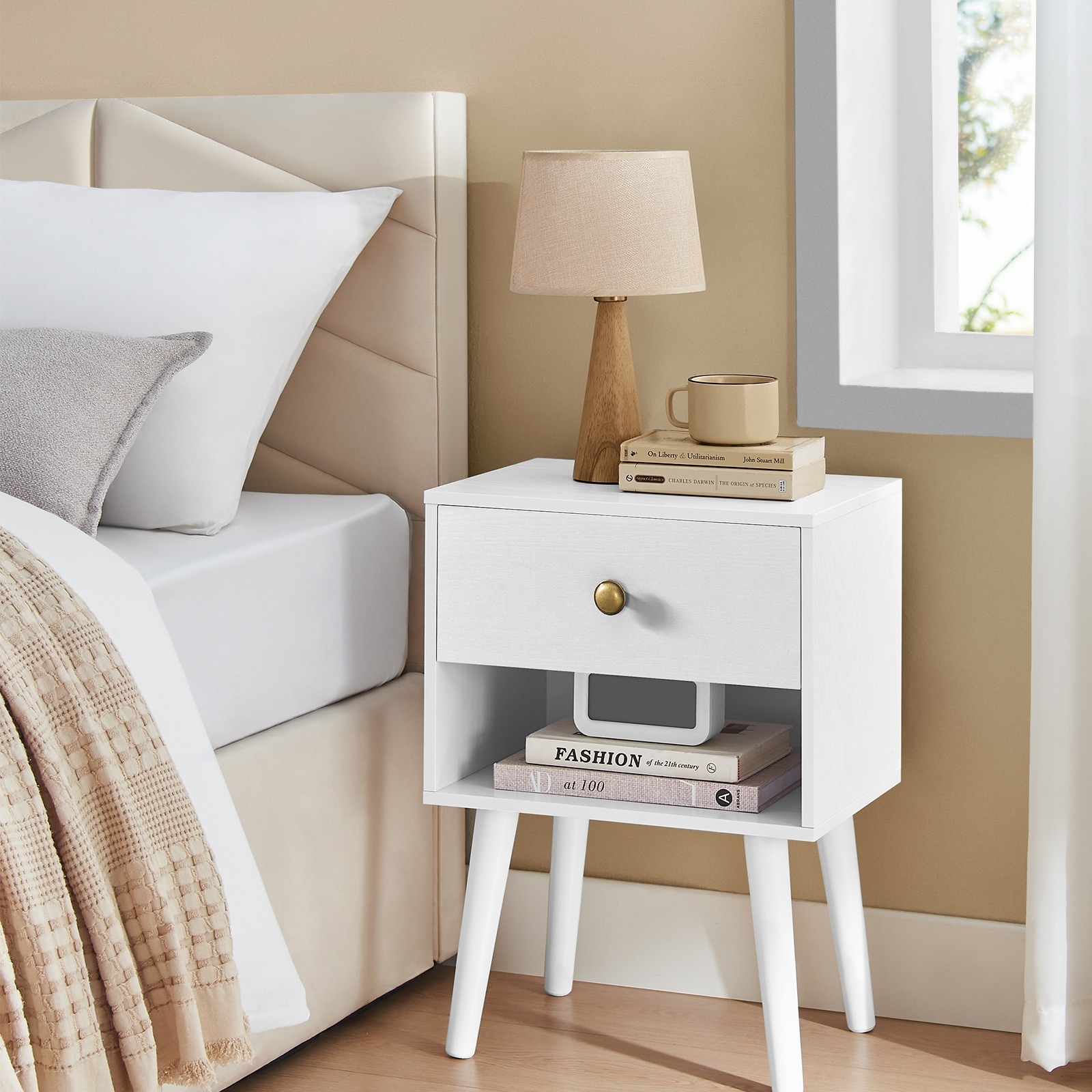 E-shop Nachttisch, Beistelltisch mit Schublade und offener Ablage, Holzbeine, Couchtisch für Wohnzimmer, Schlafzimmer, Sofa