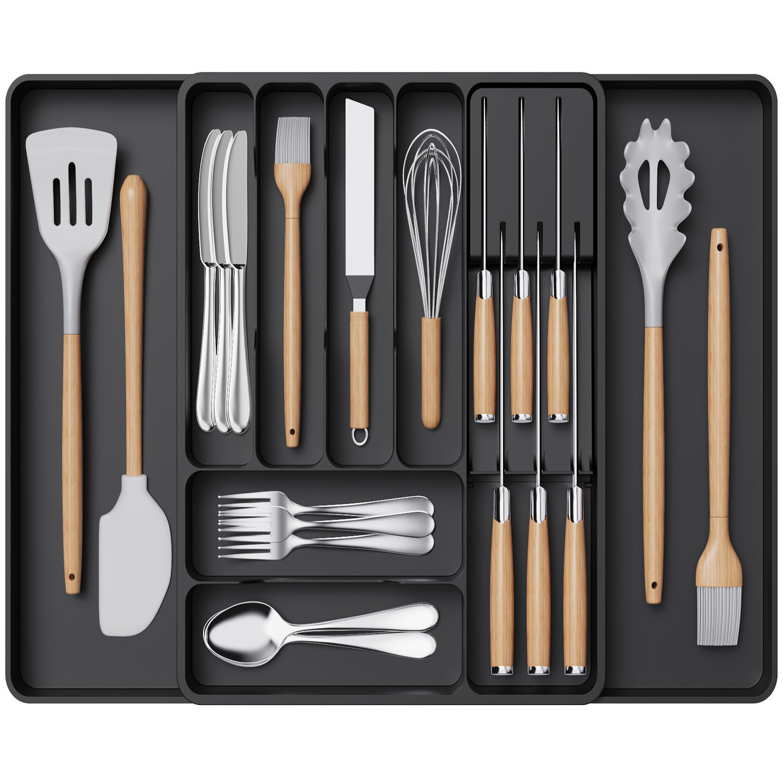 Image of Cutlery Insert For The Kitchen, Expandable Cutlery Tray With Removable Knife Block, Adjustable Accessory And Cutlery Tray, Plastic, Cutlery, Spoons, Forks, Large, Black