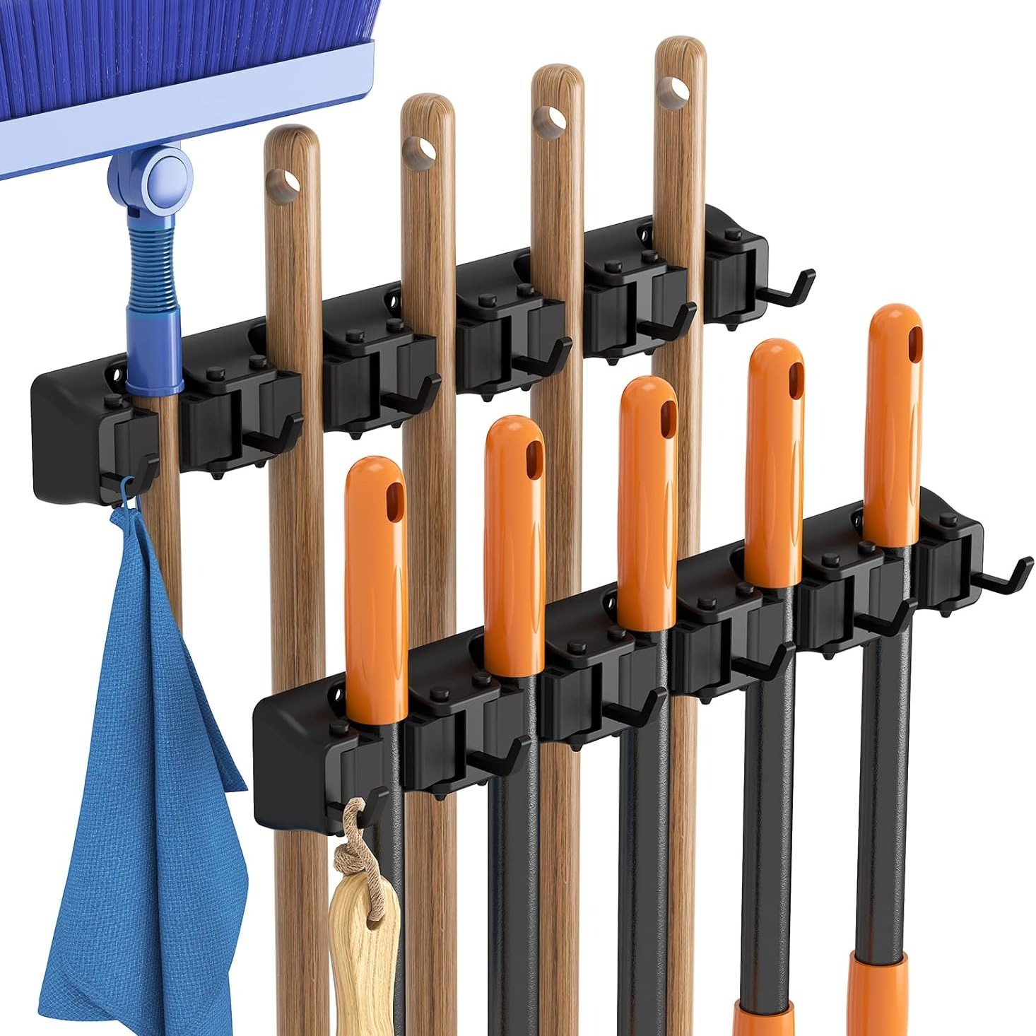 Image of Broom Holder, Anti-slip Broom Hanger For Kitchen, Organizer For Cleaning Supplies, Tool Organizer For Cabinet, Garage, 2 Pack, Black