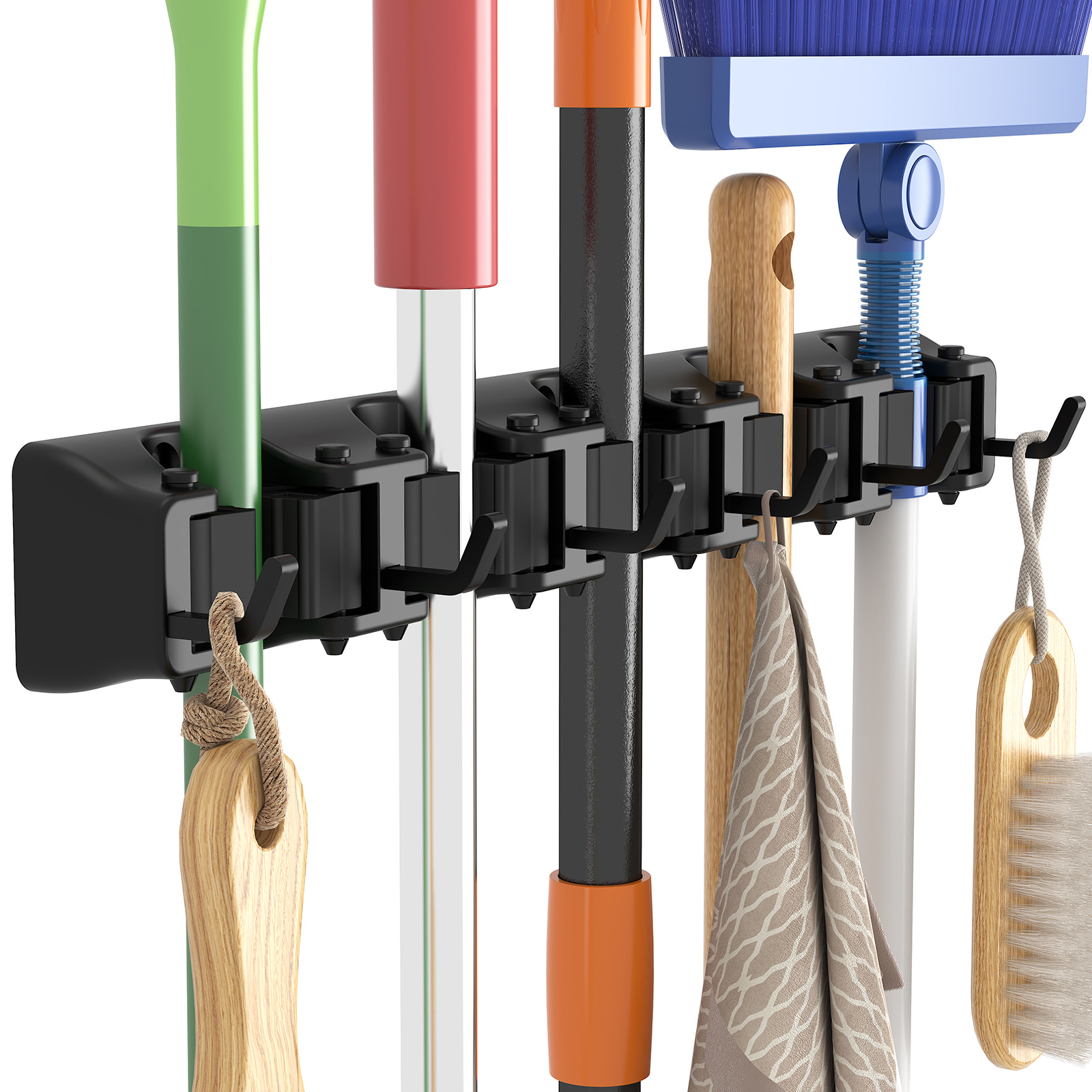 Broom Holder Wall Mount, Anti-slip Broom Holder For Kitchen, Organizer For Cleaning Products, , Tool Organizer For Cabinet, Garage, 5 Slots, 6 Hooks, Black