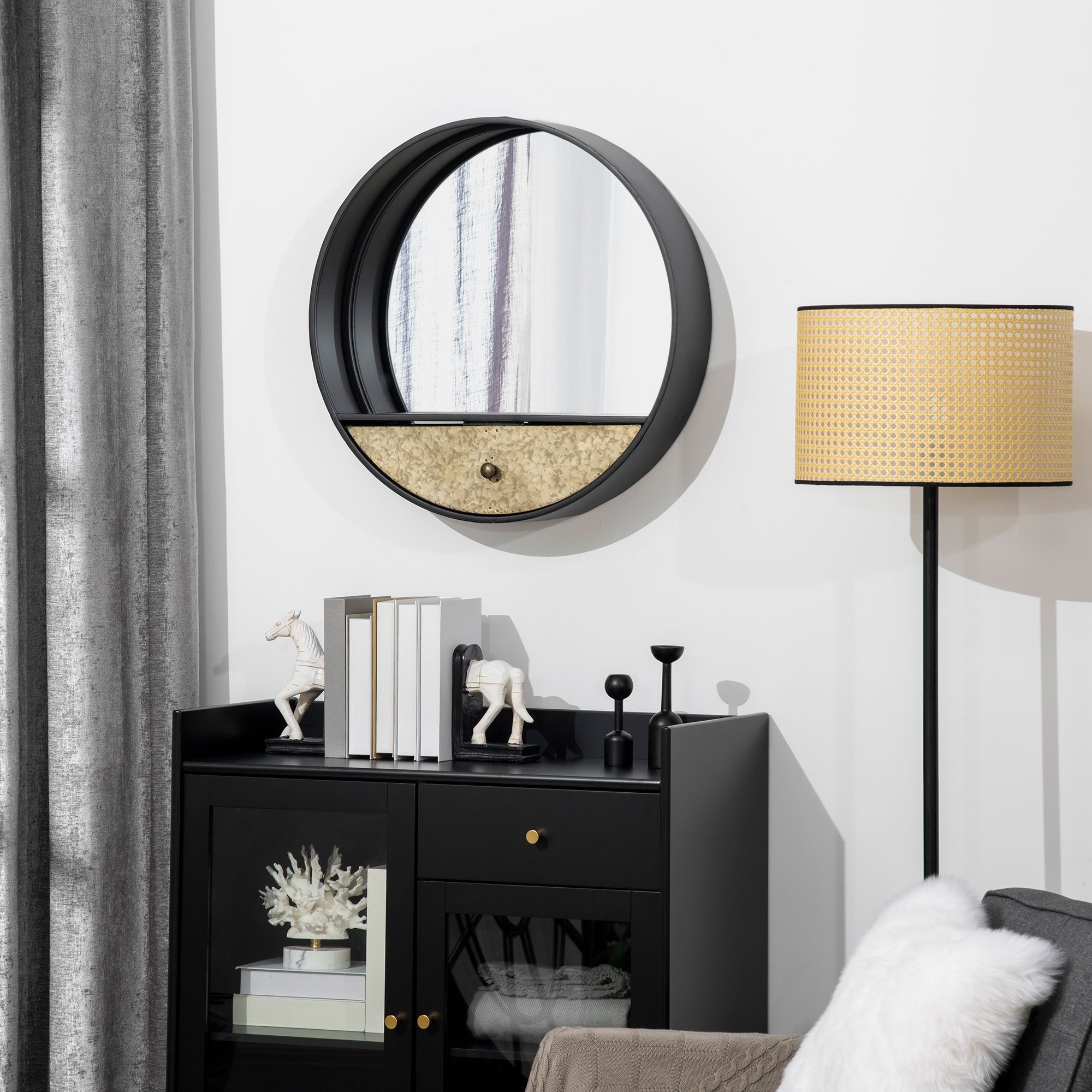 Homcom Round Wall Mirror 61cm, Decorative Mirror With Drawer And Metal And Mdf Frame, Black