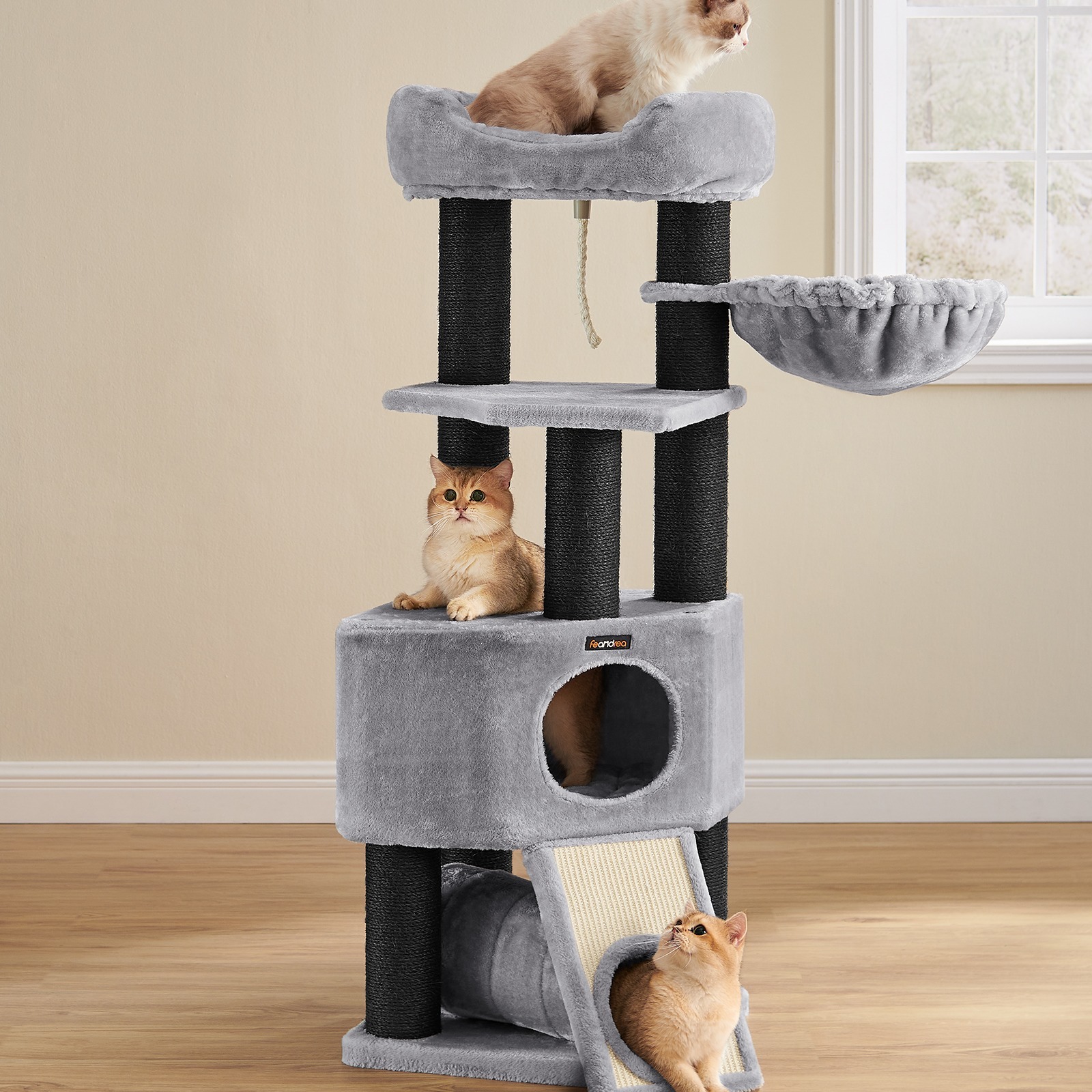 

Feandrea Large Scratching Post, M Cat Tree, With Cave, Hammock, Plush Platform, Tunnel, Sisal Trunks, Scratching Board, 50 X 50 X 141 Cm, Light Grey-black