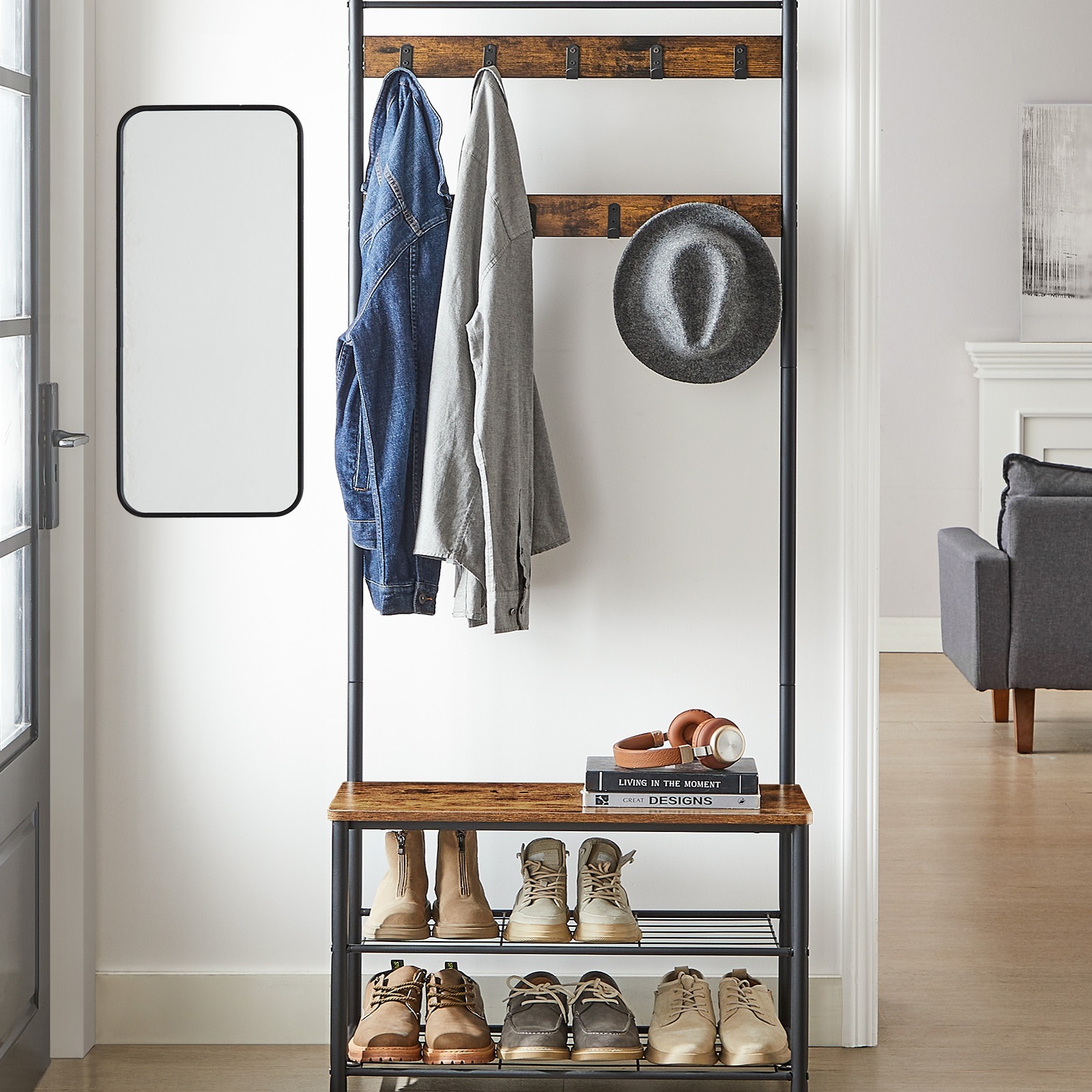 Image of Wardrobe Stand, Coat Rack With Shoe Storage, Shoe Rack With Seating Area, For Hallway, With Hooks, 3 Shelves, Made Of Metal, Height 177 Cm