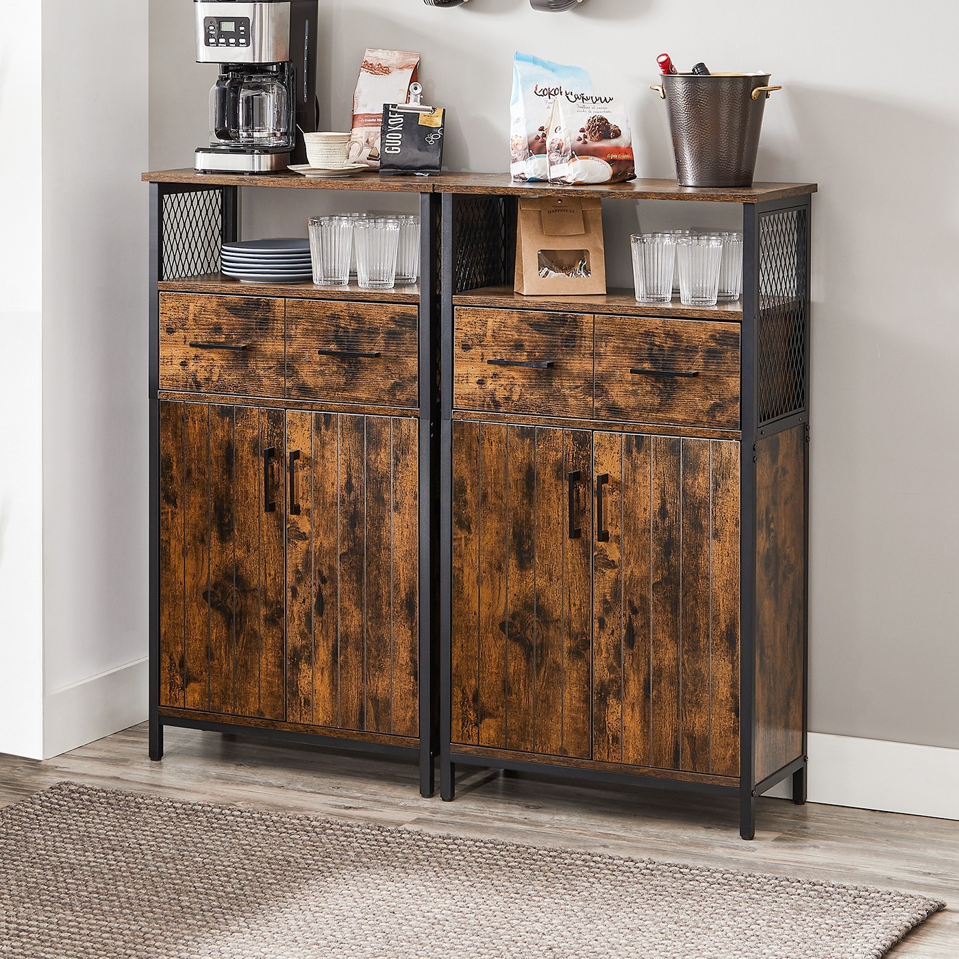 E-shop Badezimmerschrank, Sideboard, Verstellbarer Regalboden, offenes Fach, 60 x 30 x 108 cm, Industrie-Design, vintagebraun-schwarz