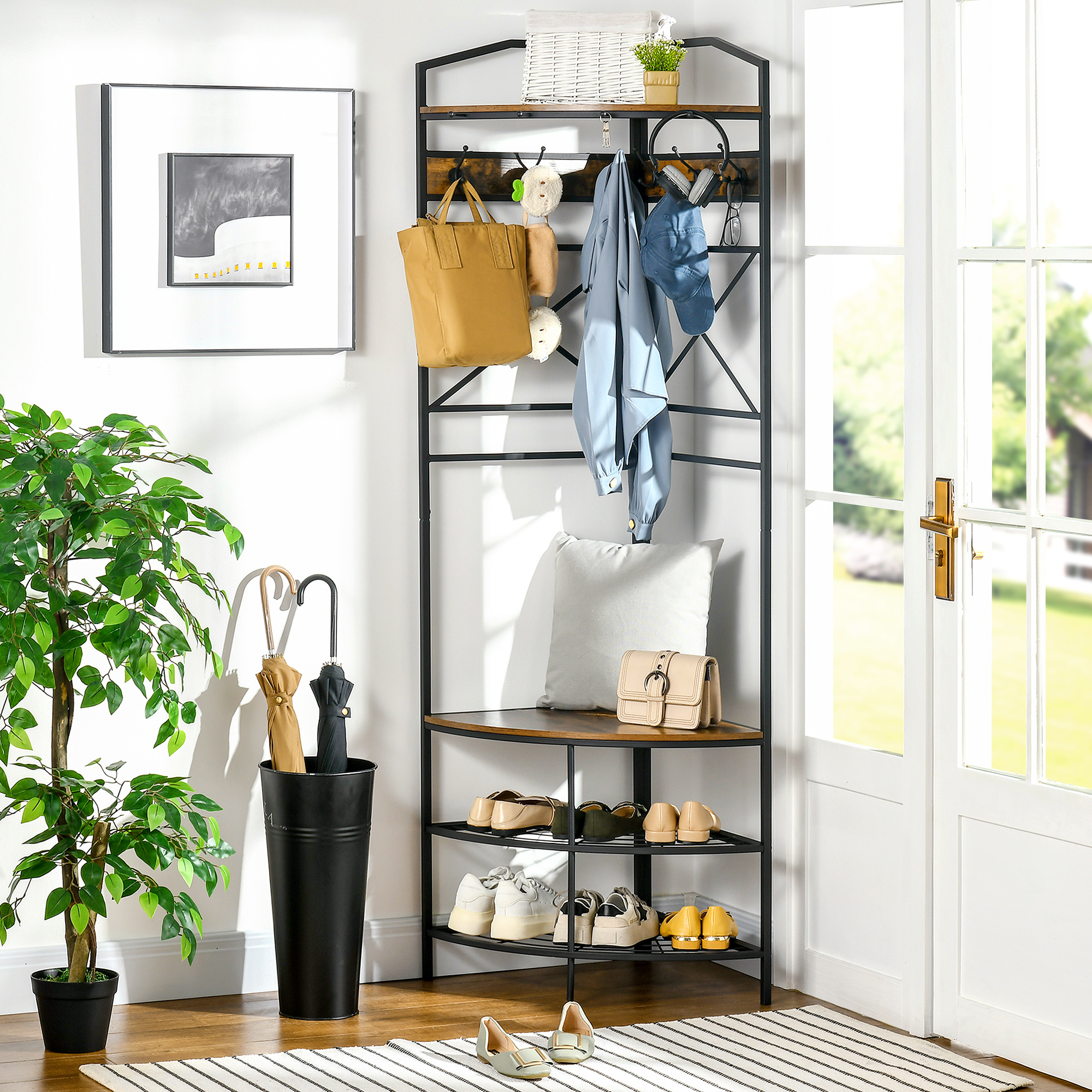 Homcom Angular Floor Coat Rack With Bench And Shelf, Hook With Hooks And Industrial-style Shelf, 50x50x183cm, Brown
