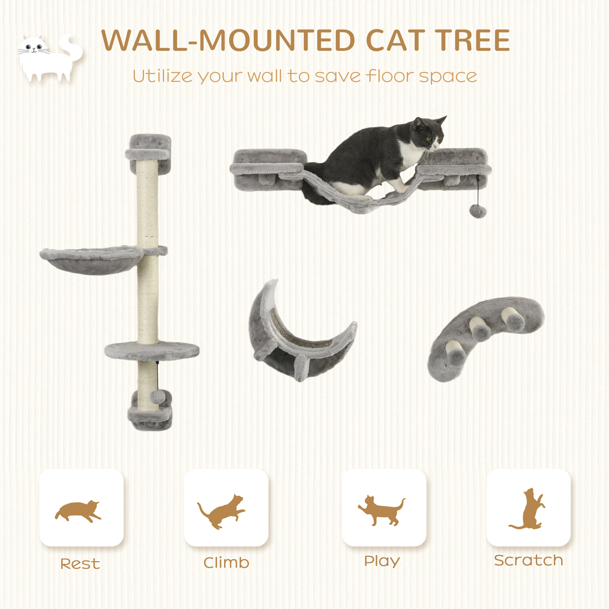 4 Piece Cat Shelves with Hammock and Scratching Posts