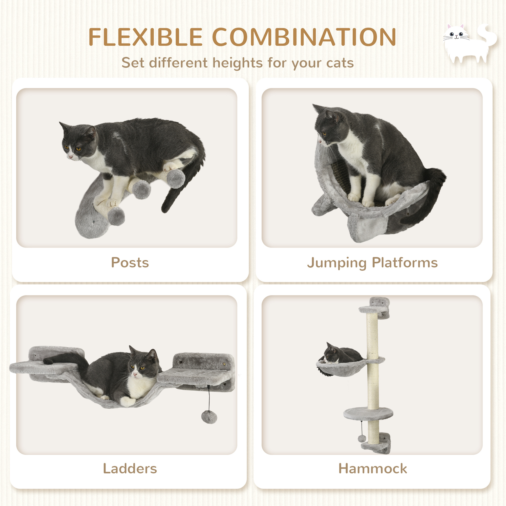 4 Piece Cat Shelves with Hammock and Scratching Posts