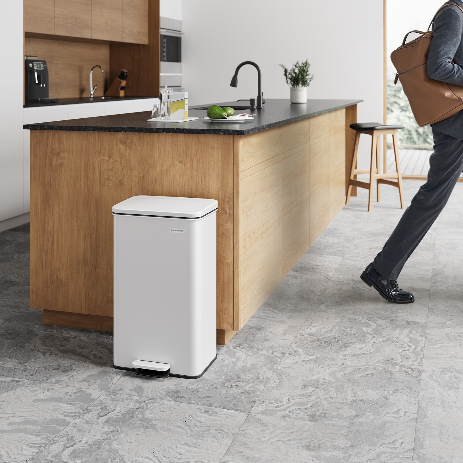 Kitchen Trash Can, 40 Liter Waste Bin With Lid, Steel Pedal Bin, Soft Close, Includes 15 Trash Bags