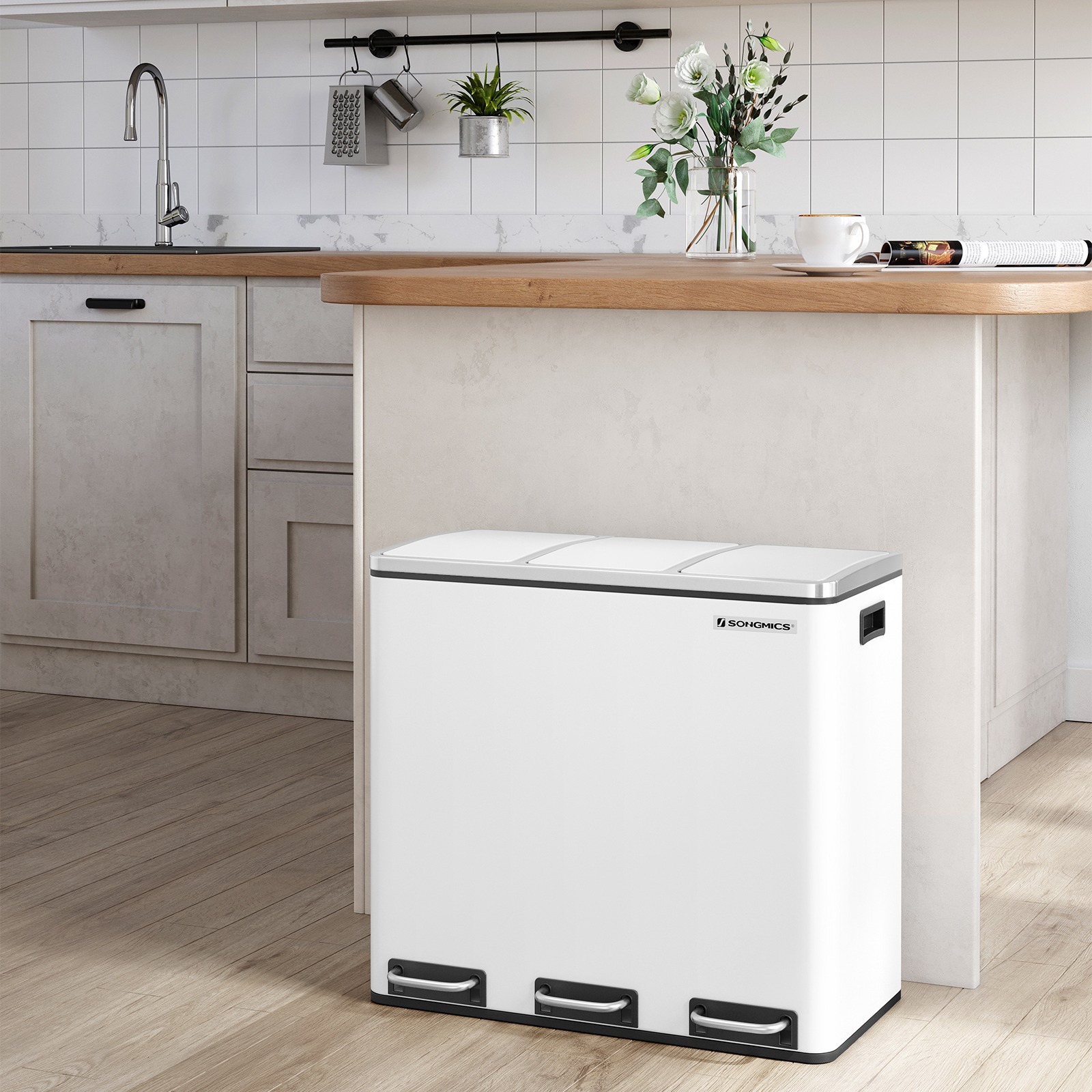 Kitchen Trash Can, 3 X 18 L, 3-compartment Waste System, Including 15 Trash Bags, Waste Bin, Pedal Bin, With Lid