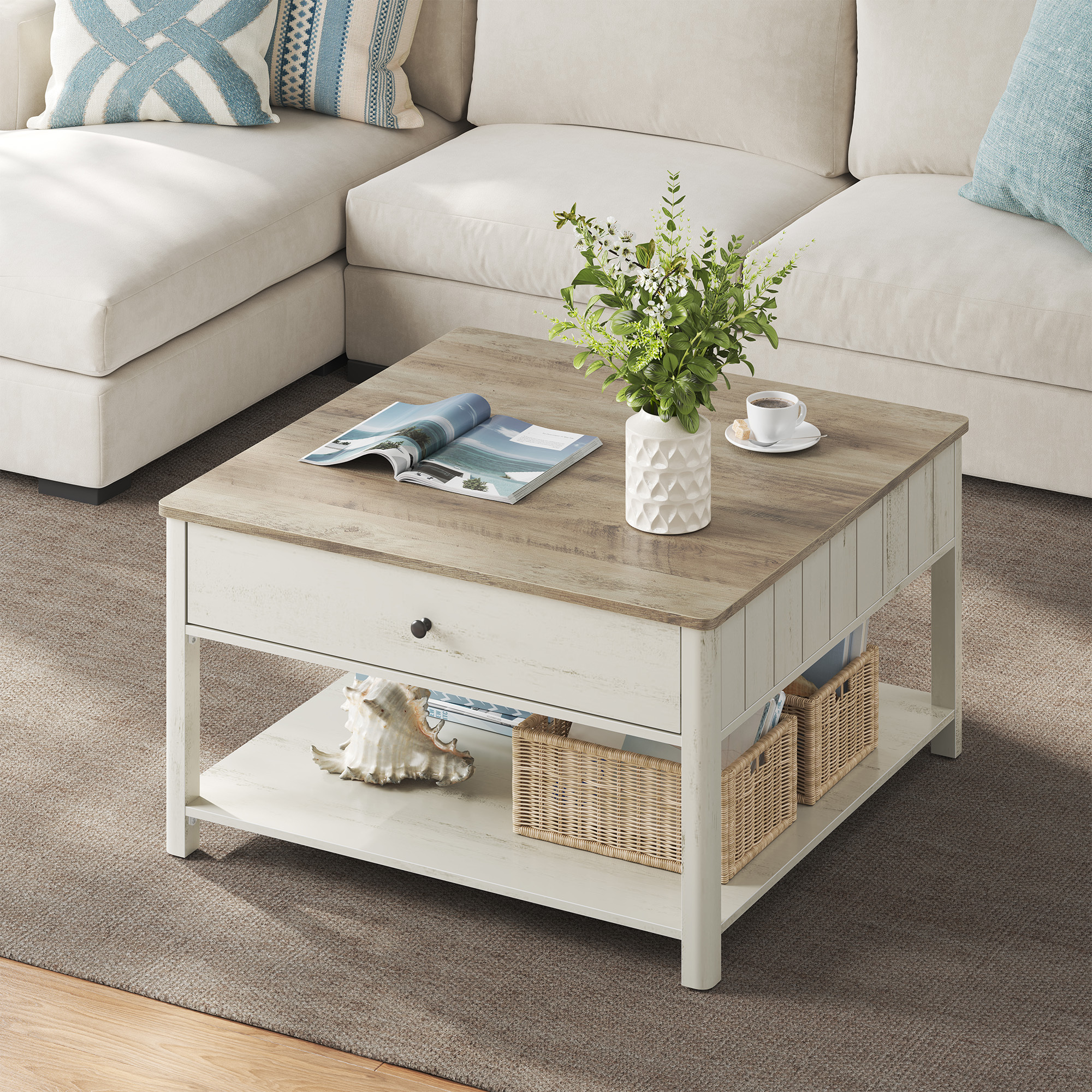 E-shop Couchtisch Wohnzimmertisch, viel Stauraum, 80 x 80 x