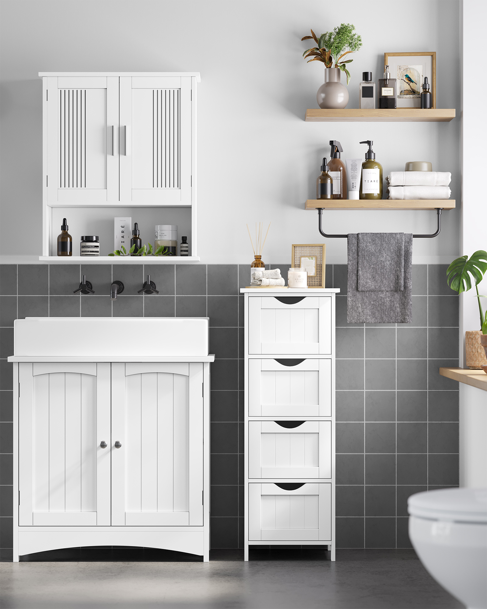 Meuble Salle De Bain EUGAD Avec Miroir + Meuble Sous Lavabo + Commode 4 Tiroirs - En Bois D'ingénierie Et Métal - 5