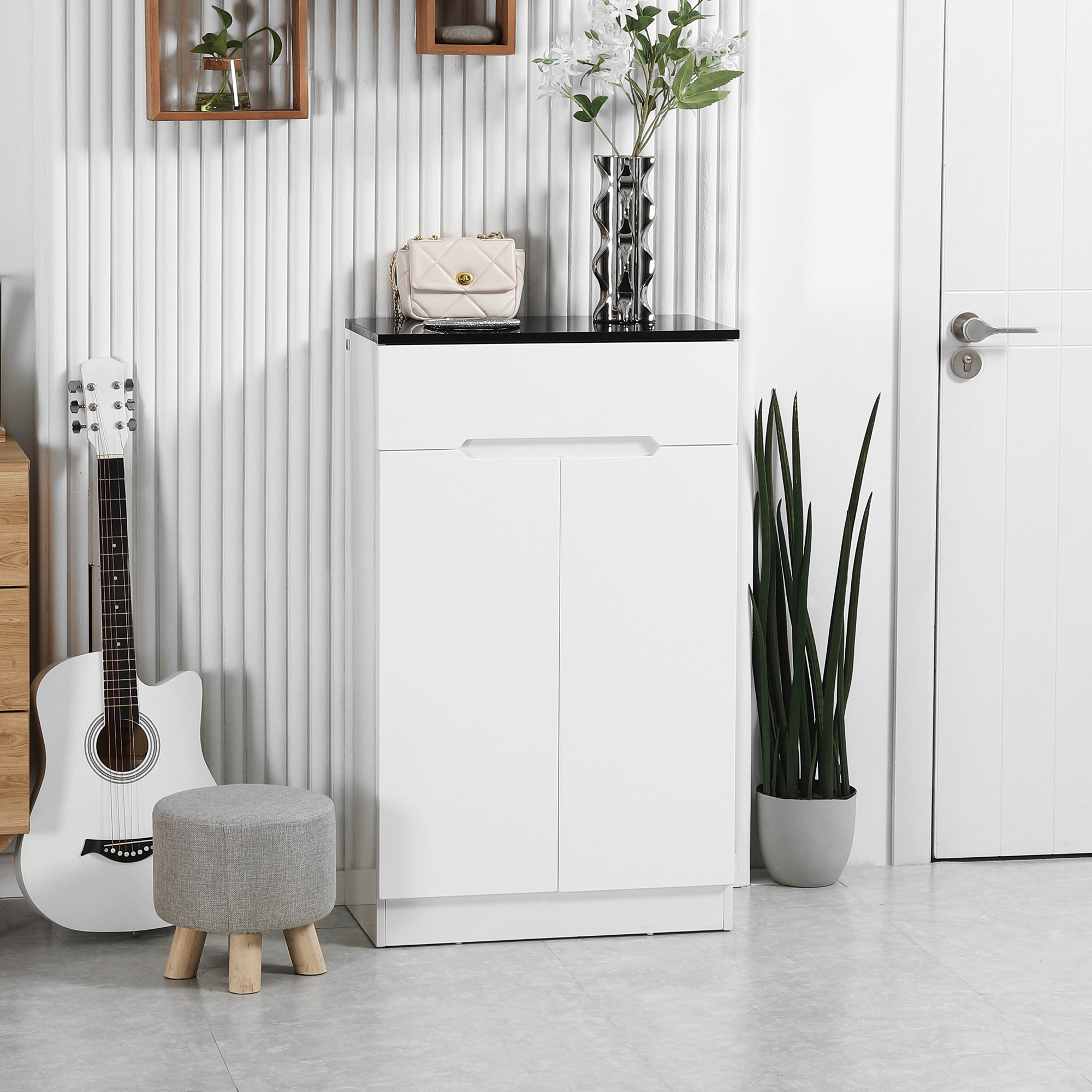 Image of Homcom Slim Shoe Rack For 12 Pairs Max For And With 3 Adjustable Shelves And Drawer, In White Chipboard, 60x32x100 Cm