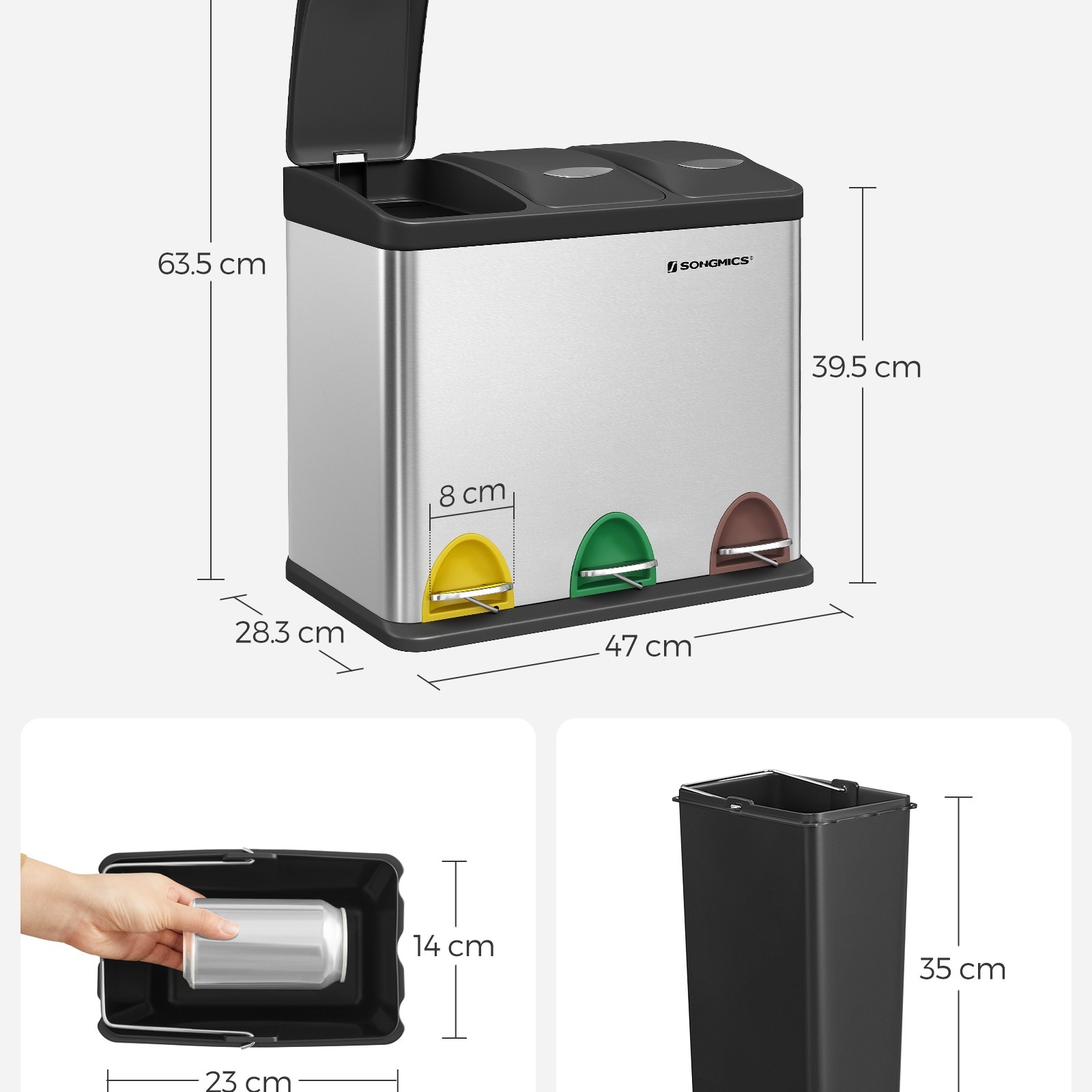 KOTARBAU Mülltrennsystem 3 Fächer – Küchenmülleimer 32x40x36 Cm, Farbcodierung (Gelb, Grün, Blau)