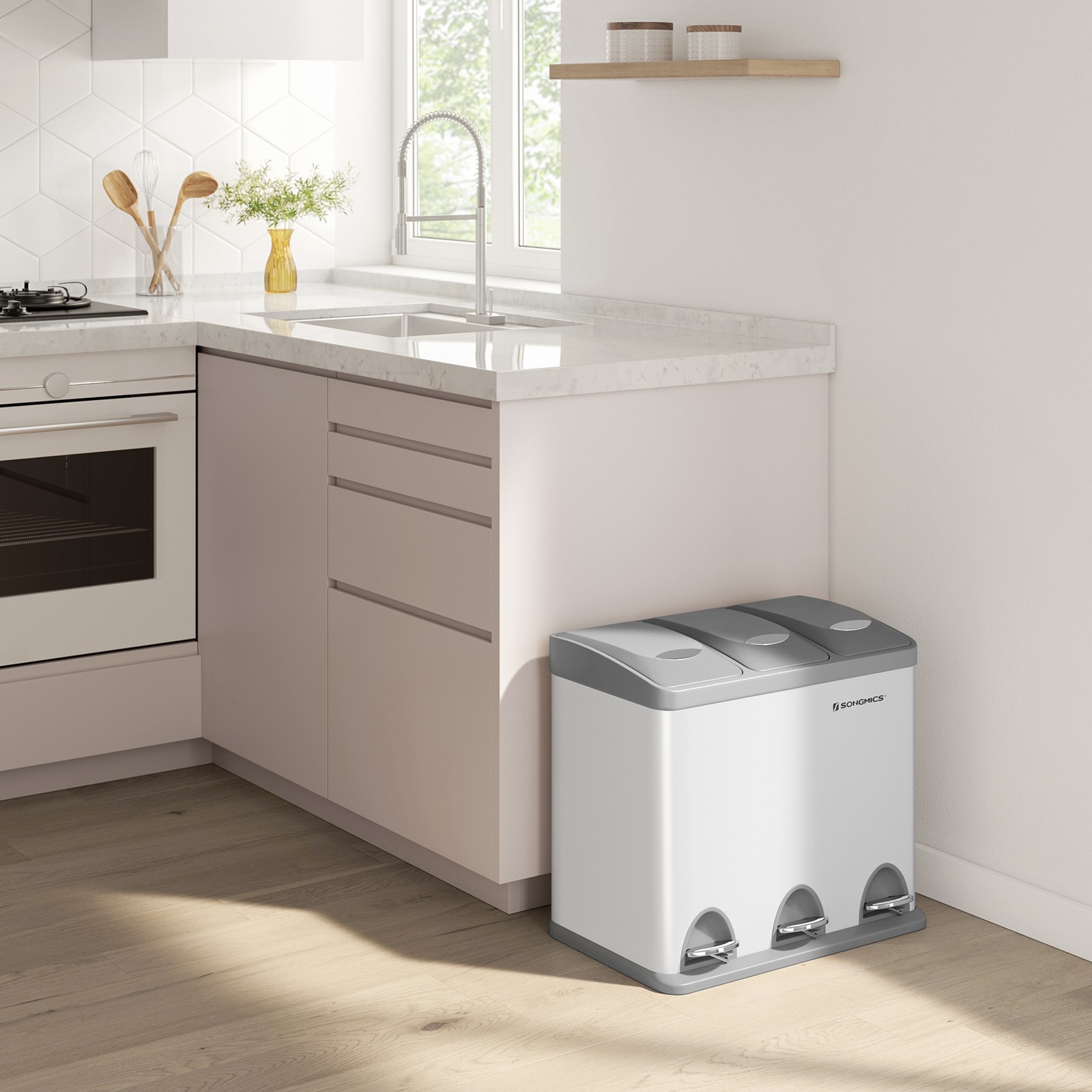 TEMU Kitchen Trash Can, 3 X 8 , 3-compartment Waste Sorting System, Garbage Bin With Lid Bag, Organic Waste, Steel Pedal Bin For Small Families, Indoor Waste Bin