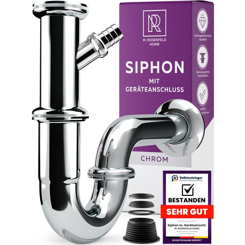 E-shop Röhrensiphon 1 1/4 Zoll mit Geräteanschluss – Waschbecken Siphon höhenverstellbar mit Wandrosette & Gummimanschette, Geruchsverschluss Ablauf