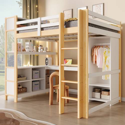 infantil minimalista con barandilla de seguridad lo suficientemente contra accidentes de caída, juego completo que cama, escritorio, estantes y armario para dormir, estudiar y guardar, , de uso flexible en apartamentos y alojamientos grupales