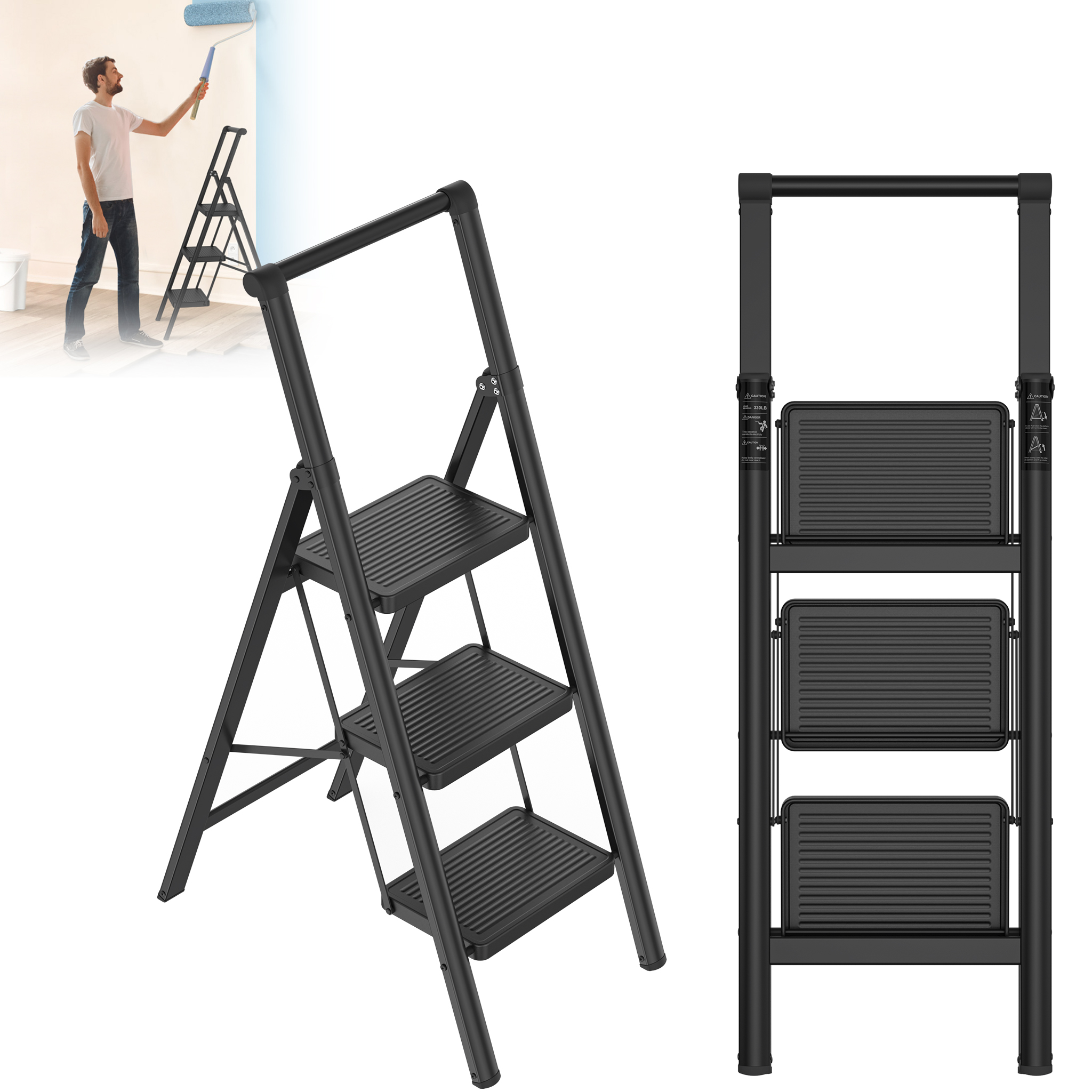 TEMU Step Ladder With Handrail, 3/, Foldable Step Ladder, Metall Step Stool, Non-slip Ladder With Folding Protection, Lightweight Folding Ladder For Household, Kitchen, 270 Kg