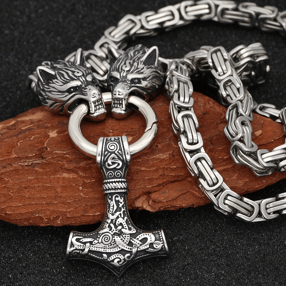 TEMU 1 Piece Of Men's Viking Style Wolf Head Stainless Steel Necklace - Vintage Nordic Hammer Talisman - Perfect Boyfriend, Father's Day Gift Or