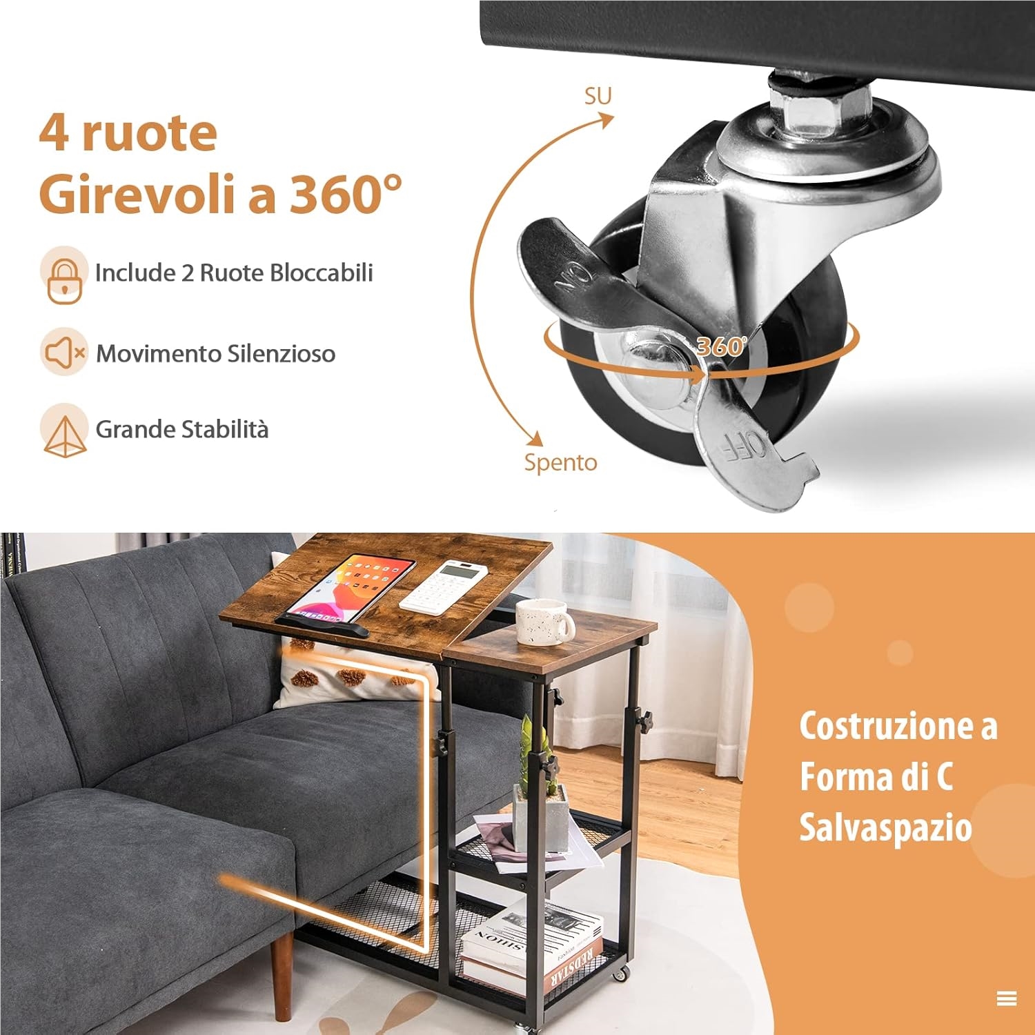 Comodino Girevole Regolabile Con Ruote – Mobile Salotto Portatile, 2 Cassetti, Piano 60x40cm, Acero Bianco - 3