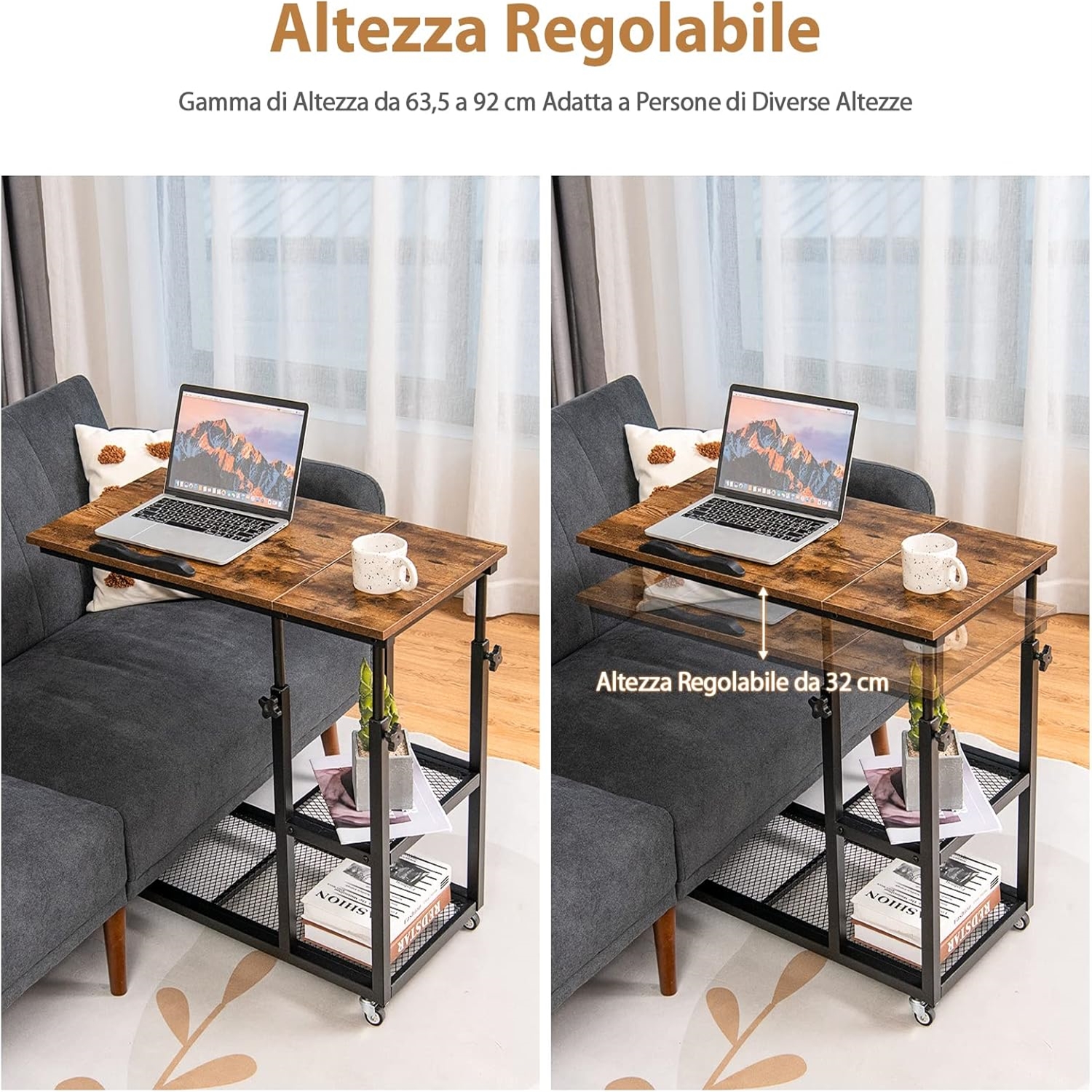 HUOLE Tavolino da Letto con 4 Ruote Comodino Altezza Regolabile Tavolo da Caffè Carrello in Legno Metallo per Soggiorno Camera da Letto Ufficio,60 * 34,5 * 58-90 cm (nero