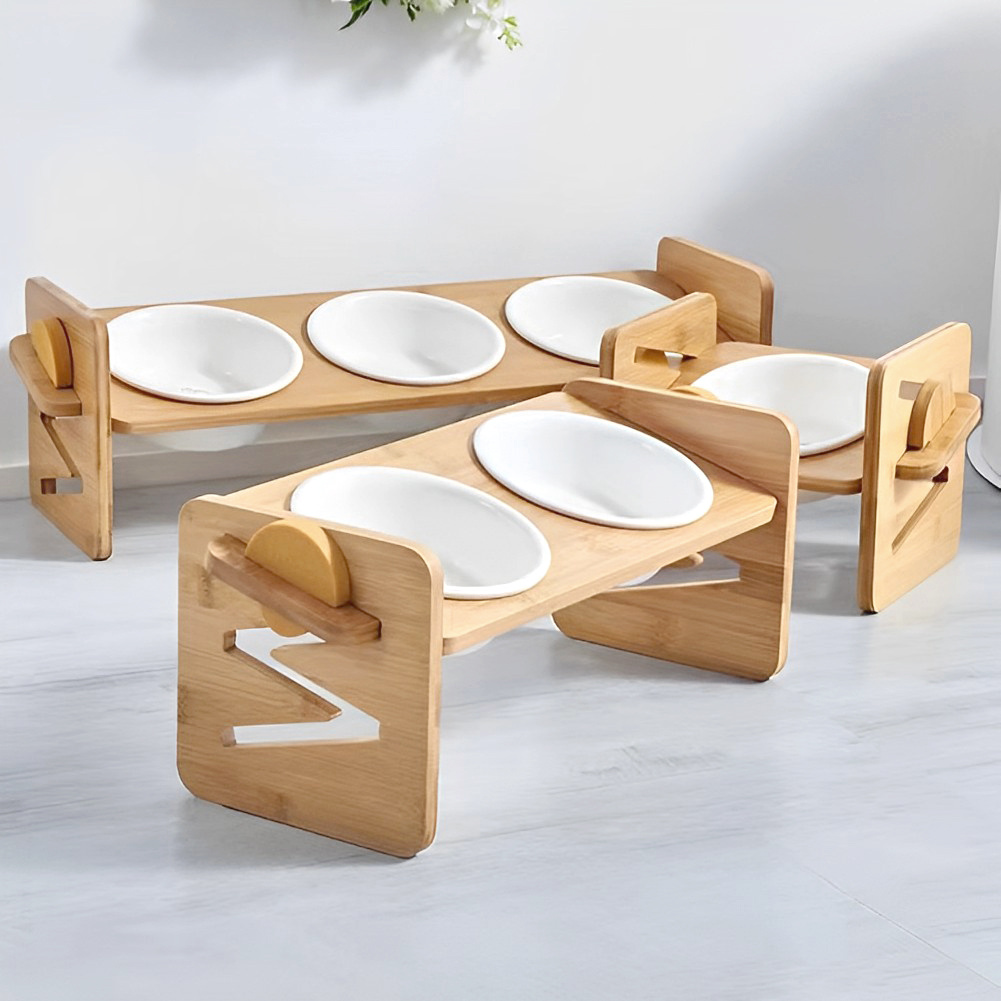 TEMU Pets Dog/cat Bowls With Stand, 1/2/3 Bowls Adjustable Height Elevated Feeder Bowls For Cats And Small Dogs, Wooden Raised Feeding Bowls With