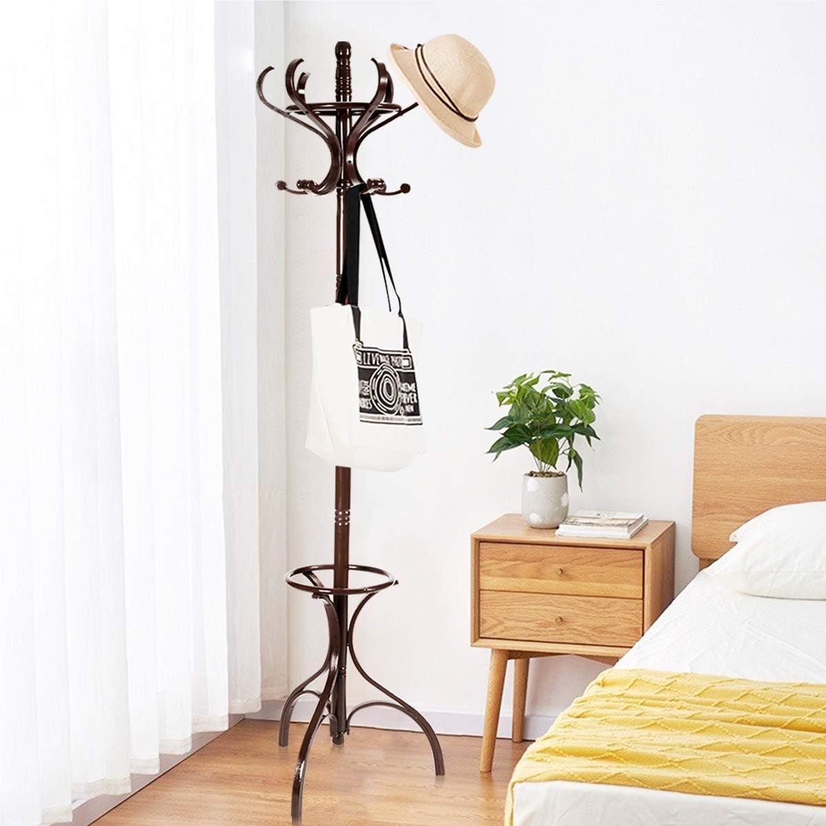 182 Cm Wooden Coat Rack, Jacket Stand With 12 Hooks, Garment Rack With Umbrella Stand, Brown