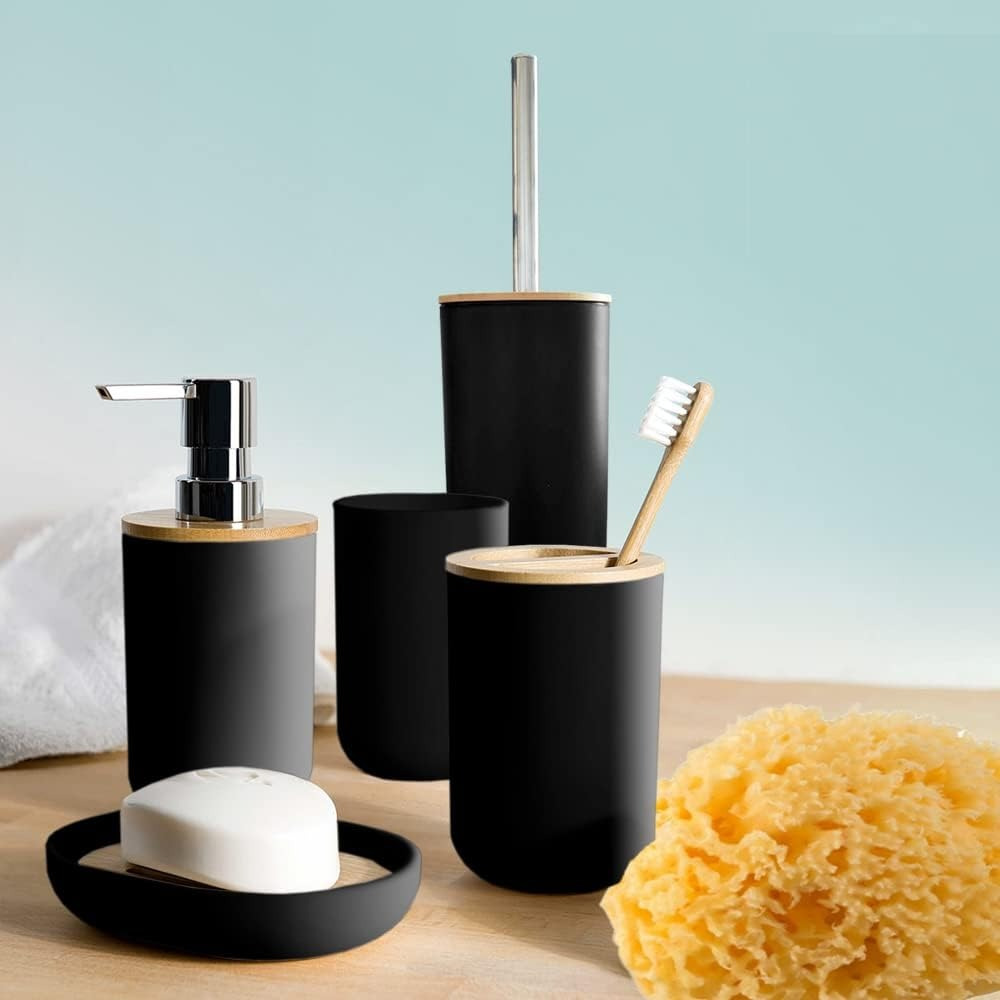 set de baño completo, conjunto accesorios   moderno y elegante,   soporte para cepillos de dientes, dispensador de jabón  , vaso, jabonera y escobilla de baño, color negro,   en plastico resistente y bambú, ideal para cualquier baño -  