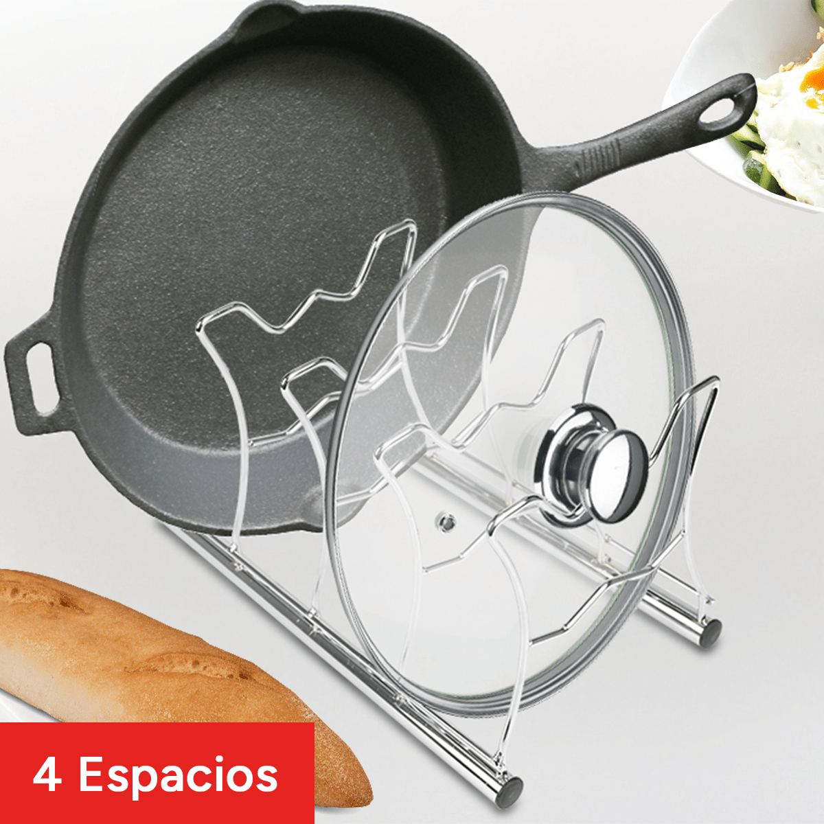 TEMU Rejilla para Ollas y Tapas, Organizador Sartenes, Organizador de Cocina, 4 Espacios, Ideal para Apilar Sartenes o Utensilios de Cocina, Ahorra y