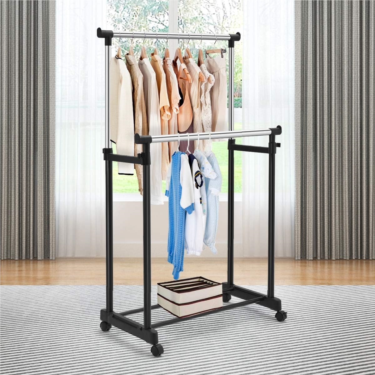 Image of Clothes Rack With Wheels Height Adjustable Clothes Rail Wardrobe Stand Wardrobe Trolley Clothes Trolley Black, Freestanding Steel Clothes Rack With Brakes And Shoe Storage