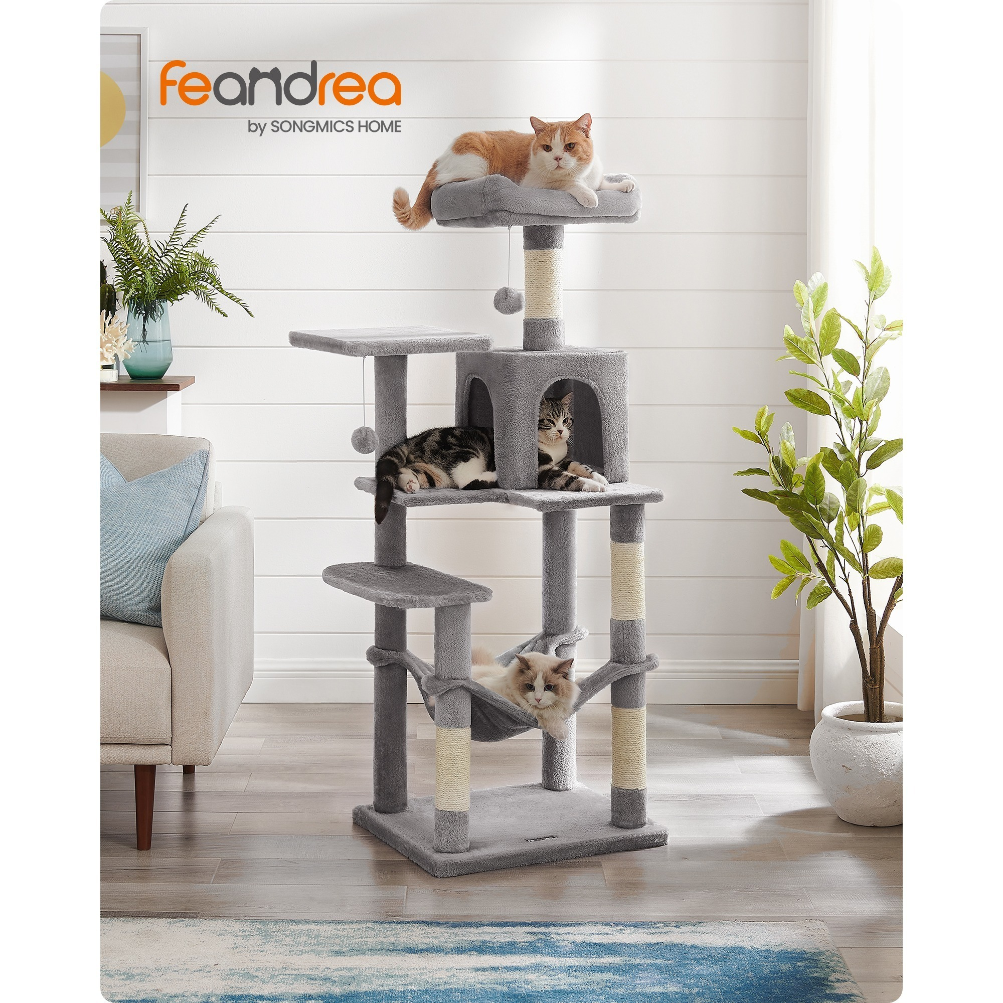 

Feandrea Arbre à Chat Hauteur 143 cm, pour Chats, avec 4 Poteaux à , 2 Plateformes, 1 , 1 Hamac, 2 Pompons, en Tissu Peluche, Multi-Niveaux