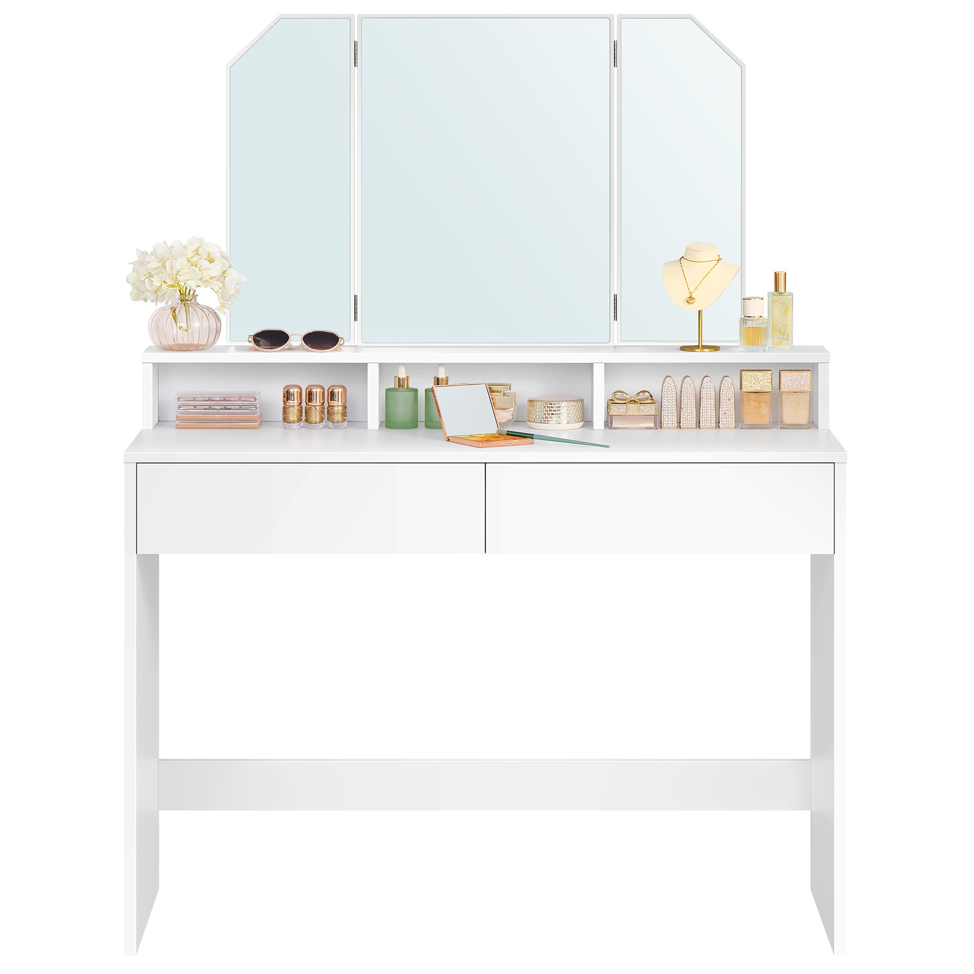 TEMU Dressing Table, With Folding Mirror, 3 Open Compartments, Modern