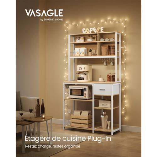 étagère de cuisine avec multiprise, bar à café avec étagères réglables, tiroir en tissu, 12 crochets, 40 x 100 x 180,4 cm, support pour micro-ondes