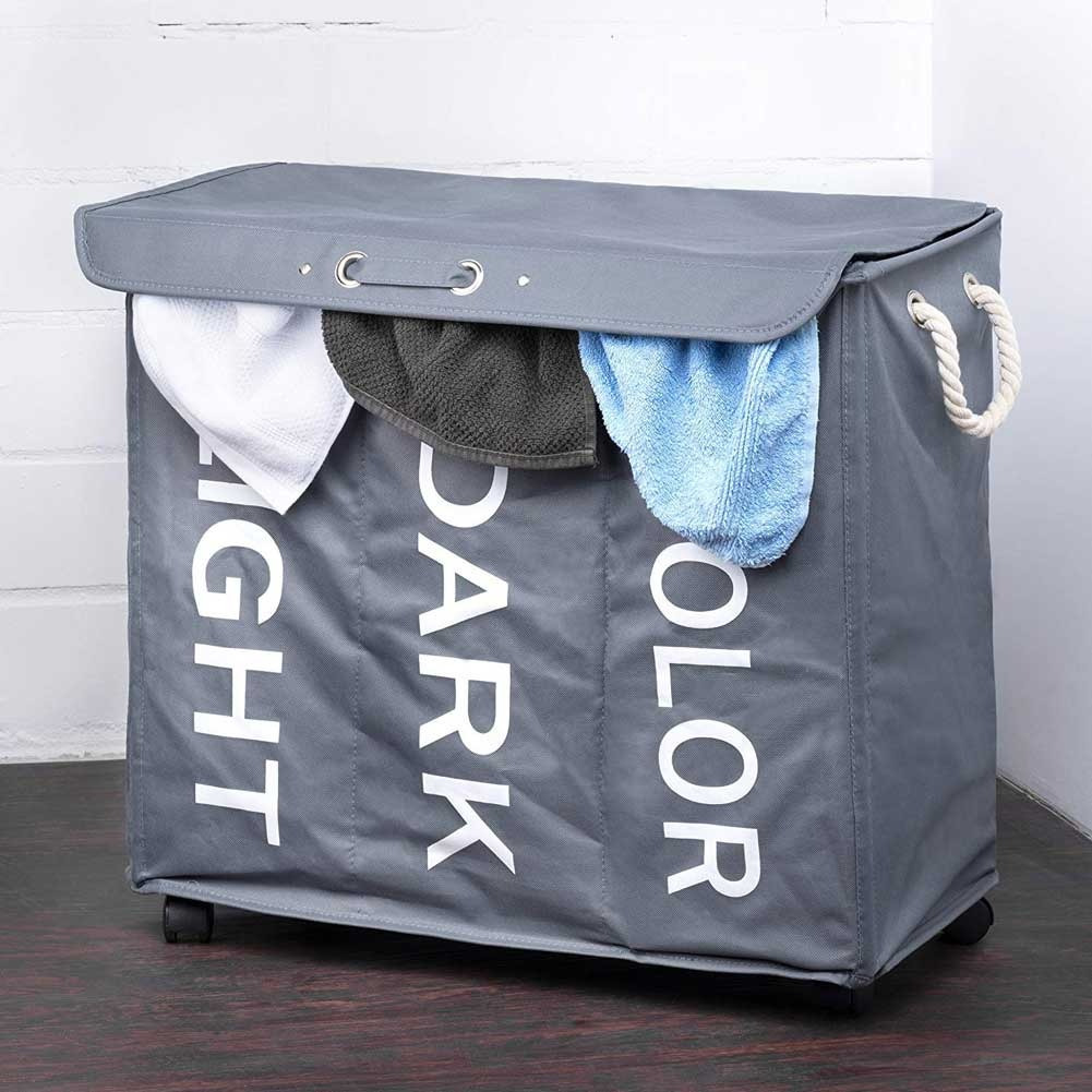 

Bakaji 3-compartment Laundry Basket Foldable Oxford Cloth Laundry Hamper With Wheels And Handles Size 63 X 35 X 57 Cm In 2 Different Colors