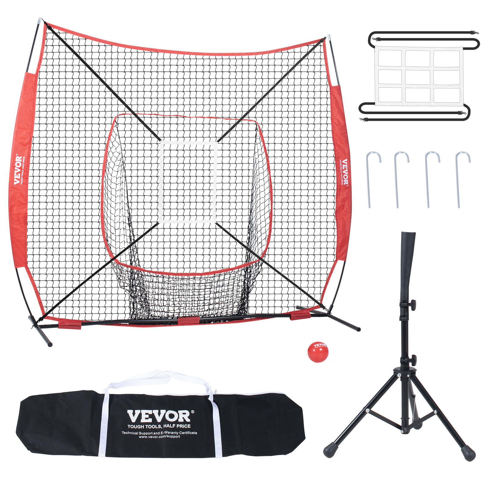 Vevor 7x7 Ft Baseball Softball Practice Net, Portable Baseball Training Net For Hitting Batting Catching Pitching, Backstop Baseball Equipment With , Carry Bag, Zone, Ball, Batting Tee
