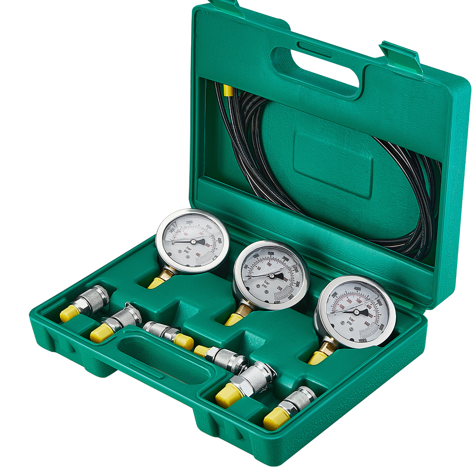 Image of Vevor Hydraulic Pressure Test Kit, 250/400/600bar, 3 Gauges 6 Test Couplings 3 Test Hoses, Excavator Hydraulic Test Gauge Set With Portable Carrying Case For Excavator Tractors Construction Machinery