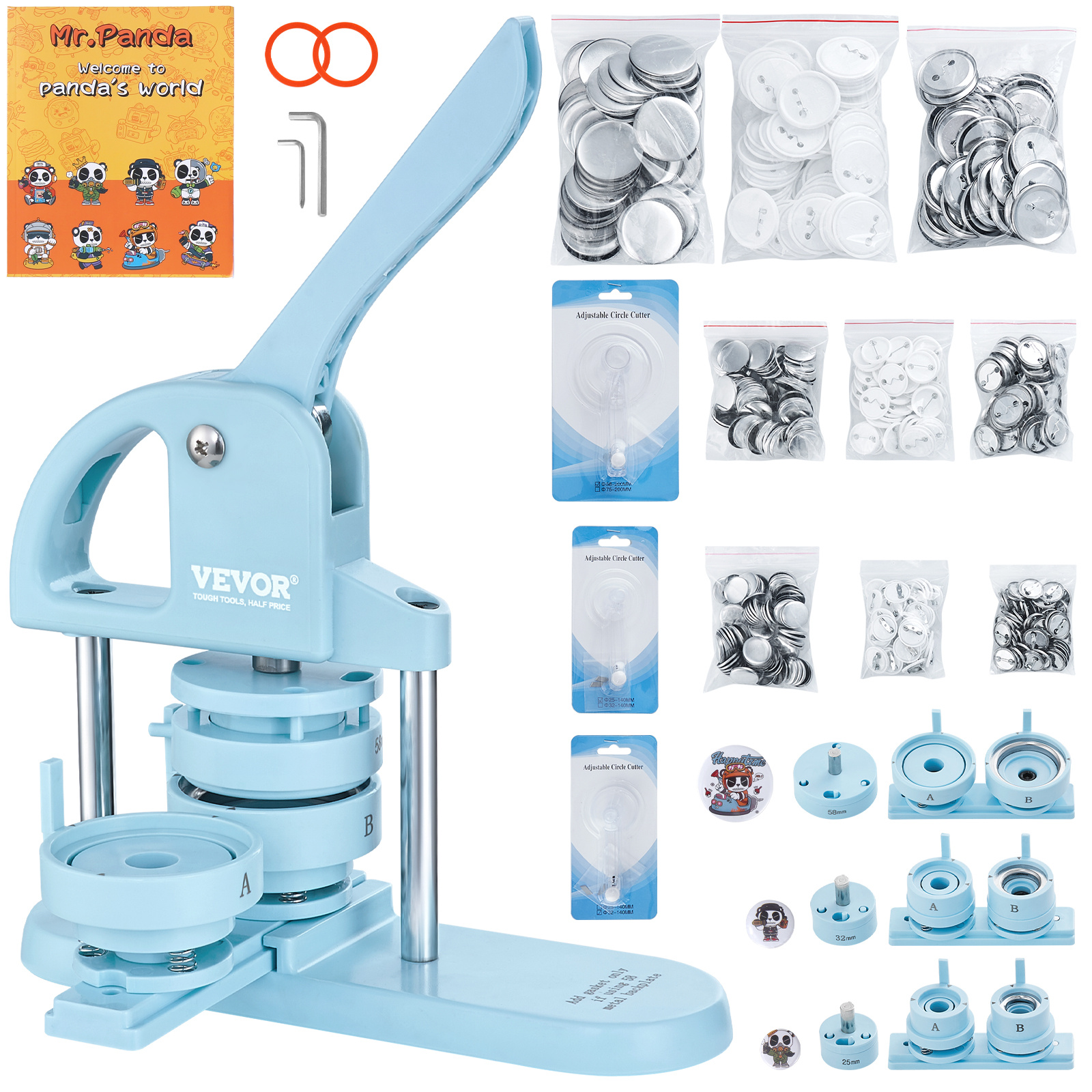 E-shop VEVOR Knopfmaschine, 1/1,25/2,28 Zoll (25/32/58 mm) 3-IN-1 Anstecknadel-Hersteller, 300-teiliges Knopfzubehör, Knopfmaschine mit Buch,