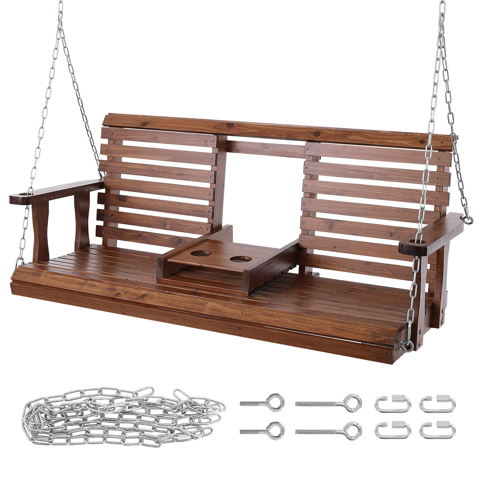 Image of Vevor Cedar Wood Swing, 1523x710x600mm, Patio Swing For Garden Yard, Load Capacity Around 400 Kg, With Bench Swing Chair Hanging Chains For Outdoor Use, Brown