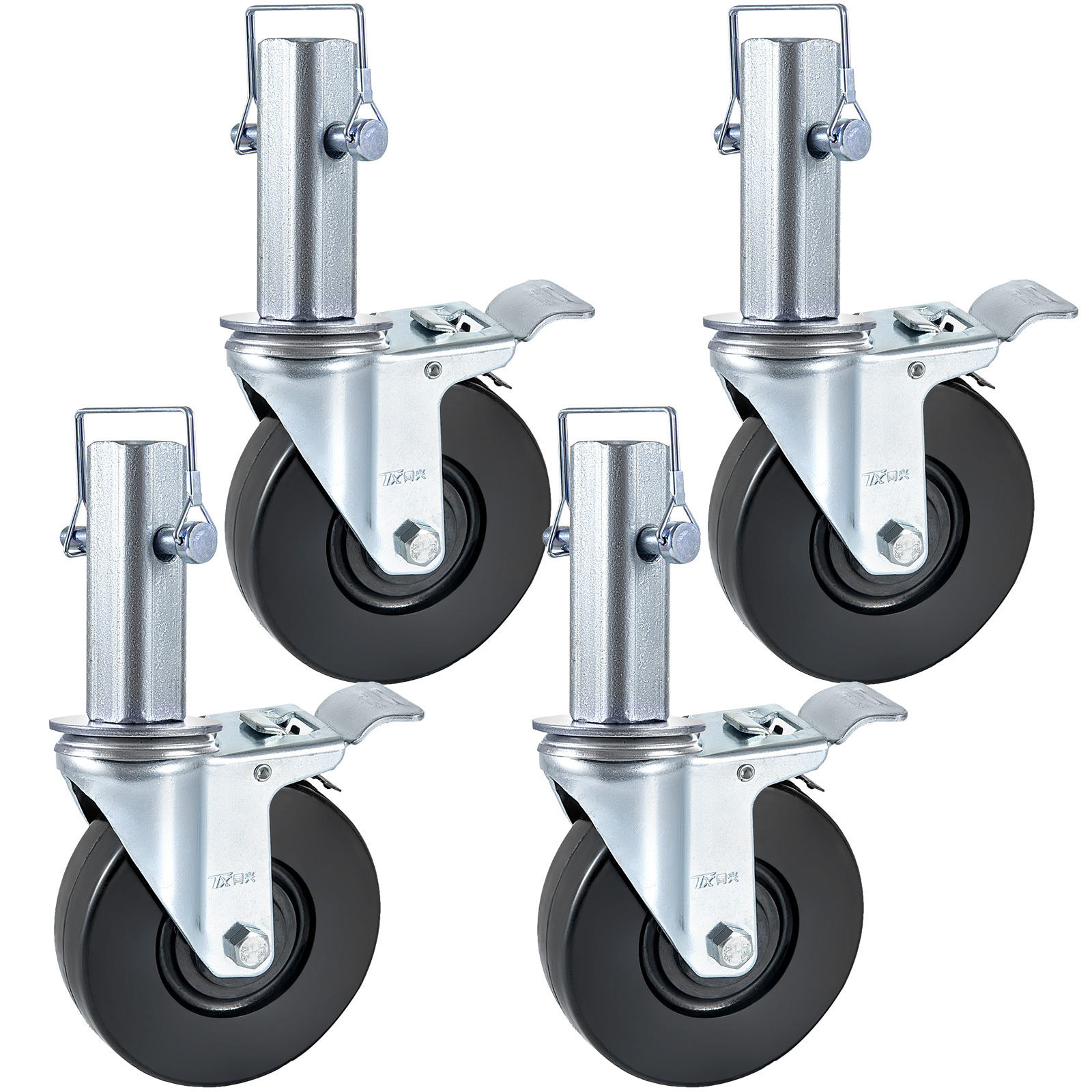 4 Pack 5" Heavy Duty Scaffolding Rubber Swivel Caster With Dual Locking 1.25" Square Stem 440lbs Capacity Per Wheel