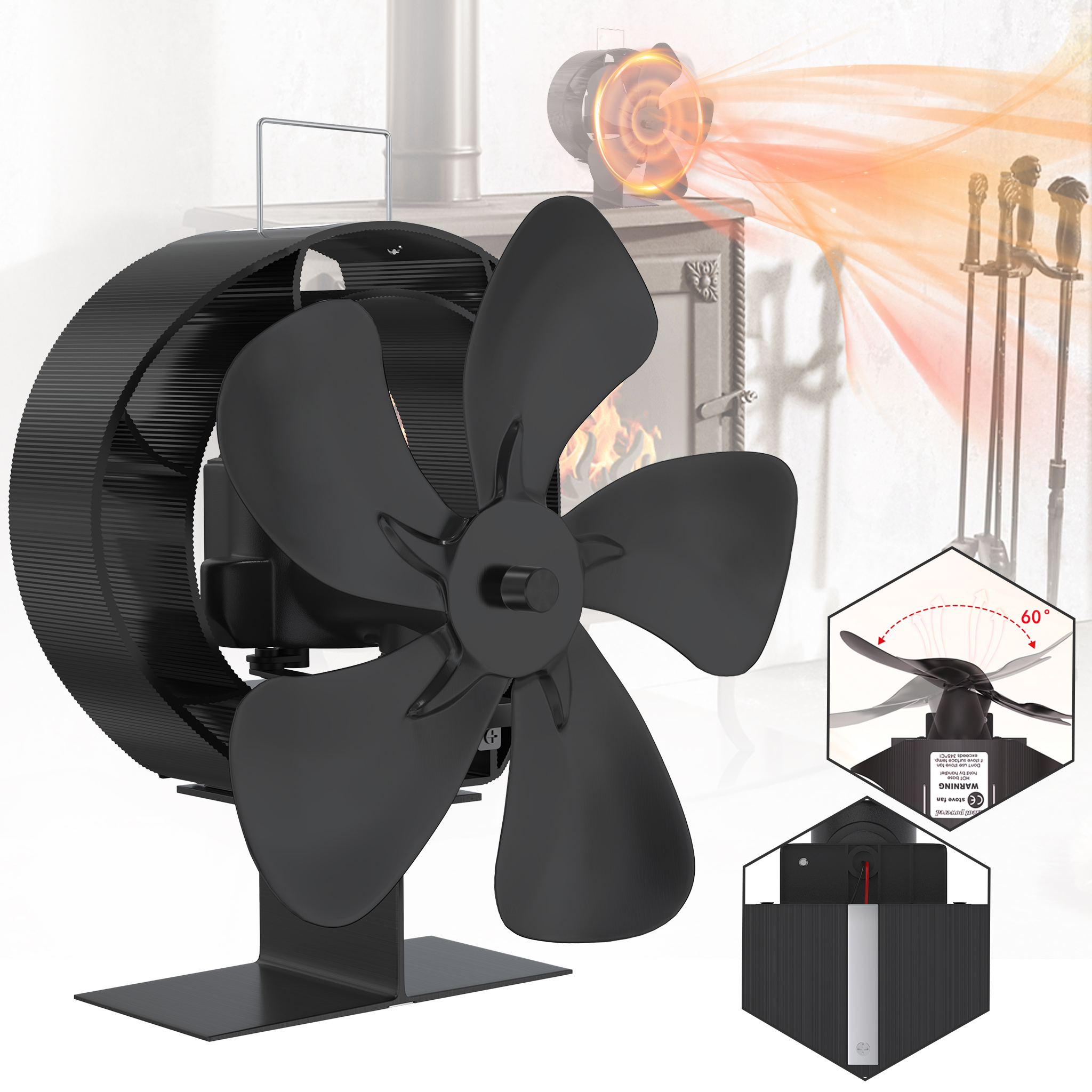 TEMU Stove Fan Fireplace Fan Fireplace Fan With 5 Blades 60° Swiveling Stove Fan For Fireplace Wood Stove Pellet Stove Without Electricity Quiet Heat-operated Fan