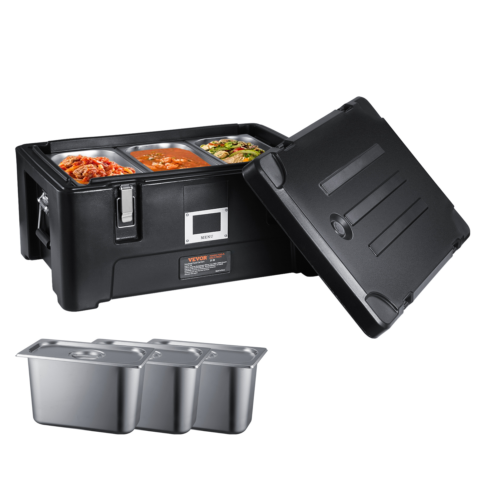 Image of Insulated Food Pan Carrier, 36qt Capacity, Stackable Catering With 3 Stainless Steel Pans, Lldpe Food Warmer With Elastic Side Handles And Buckles, For Restaurant Canteen, Black
