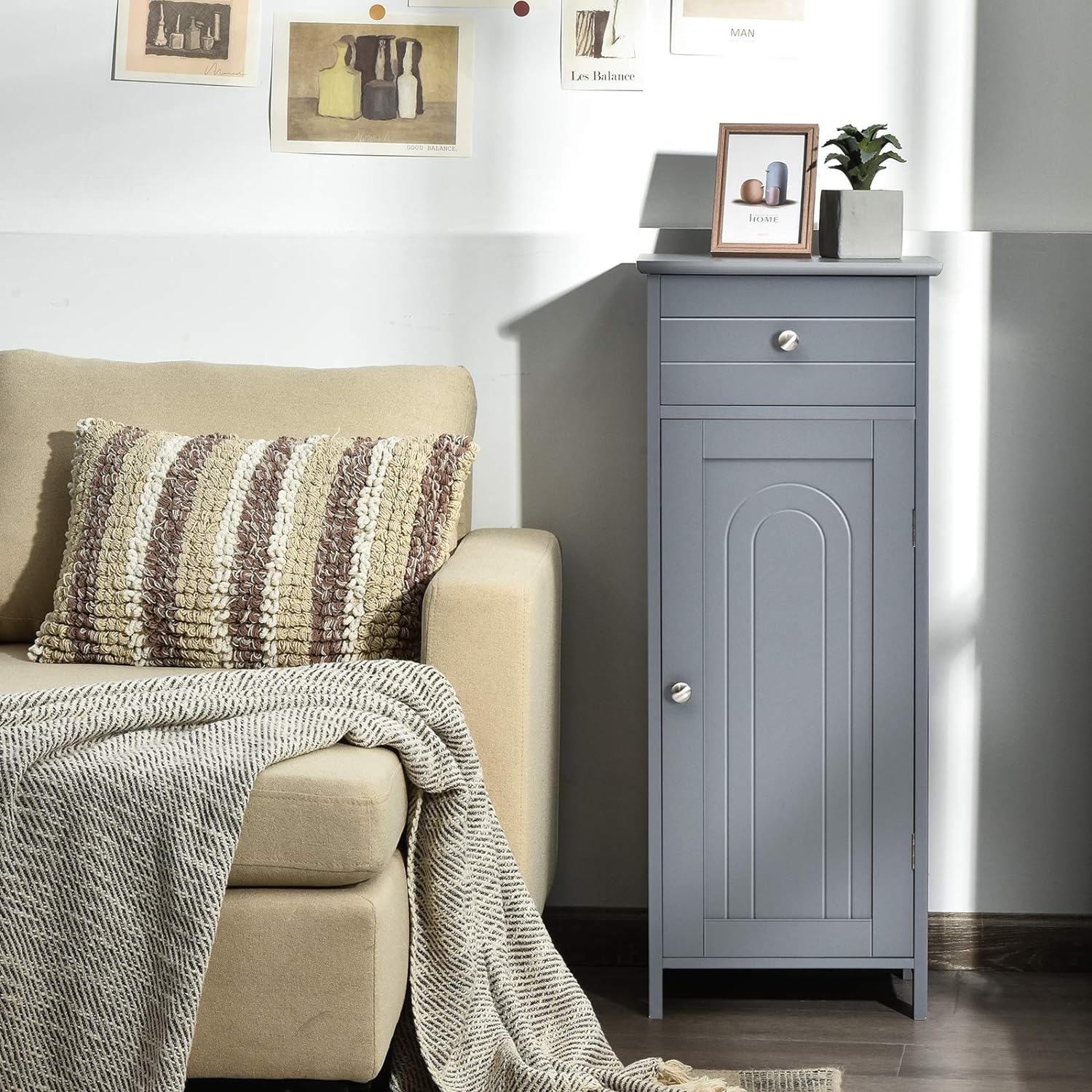 Narrow Bathroom Cabinet, Freestanding Bathroom Cabinet With Adjustable Gray Drawer