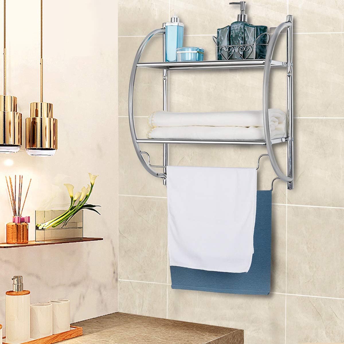 Wall-mounted Towel Holder With 2 Shelves, Towel Holder, Bath Towel Holder