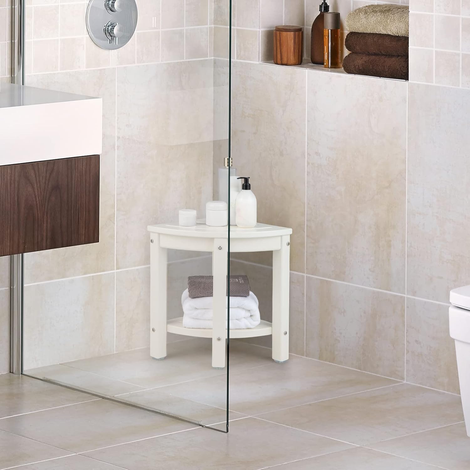 Bathroom Shower Bench, Bench With Shelf, Bathroom Bench, White