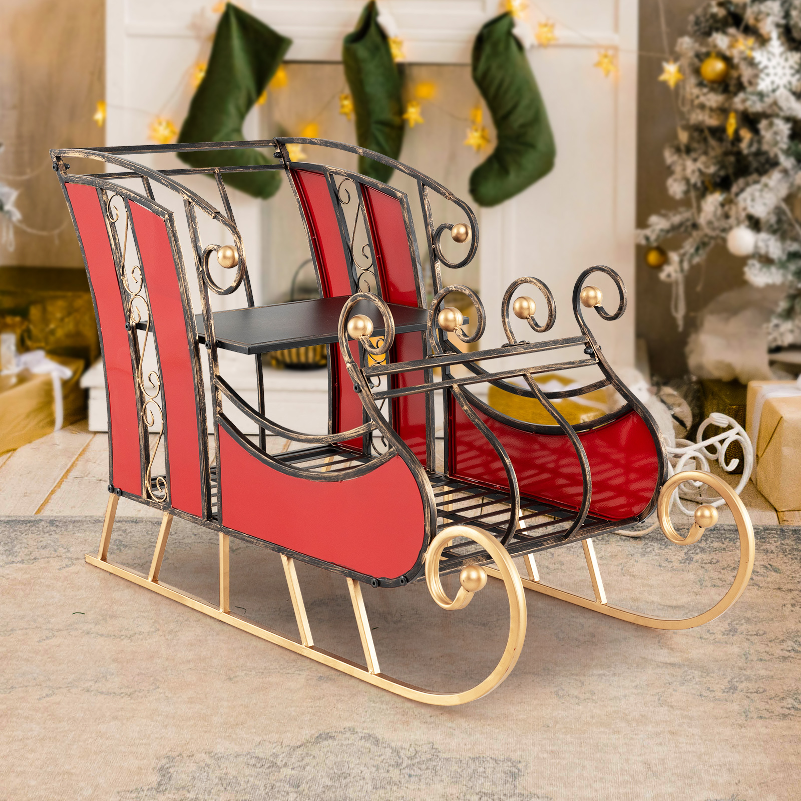 TEMU Goflame 3 Ft Christmas Metal Sleigh Decoration, Decorative Sleigh With 2-tier Storage Shelf, Indoor Outdoor Christmas Decoration