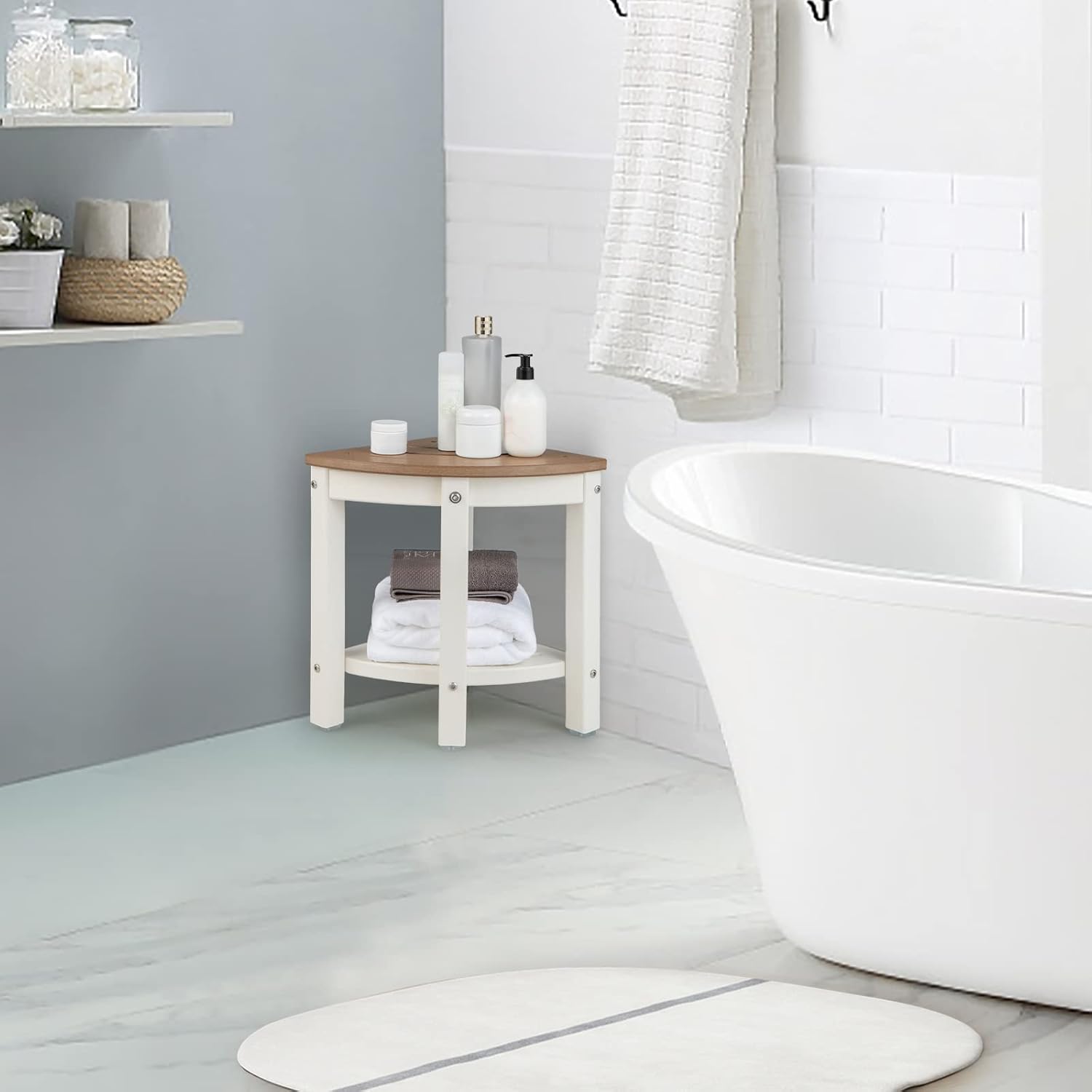 Image of Shower Bench For Bathroom, Bench With Shelf, Bathroom Stool, Fan Shape, , Waterproof Hdpe Material, Drainage Slots, Indoor And Outdoor Use, Space- Design, Non-slip Rubber Foot Pads