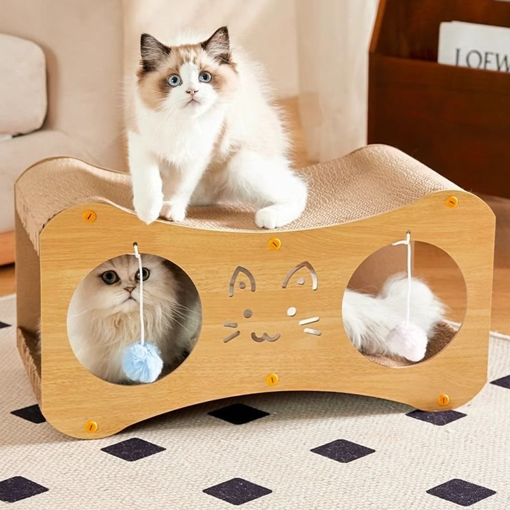 TEMU Cat Lounger Scratcher Double Layered Cat Scratcher Bed With Hanging Pom Scratcher Cardboard Cat Pad For Kitten Small Cat 45*24*22cm