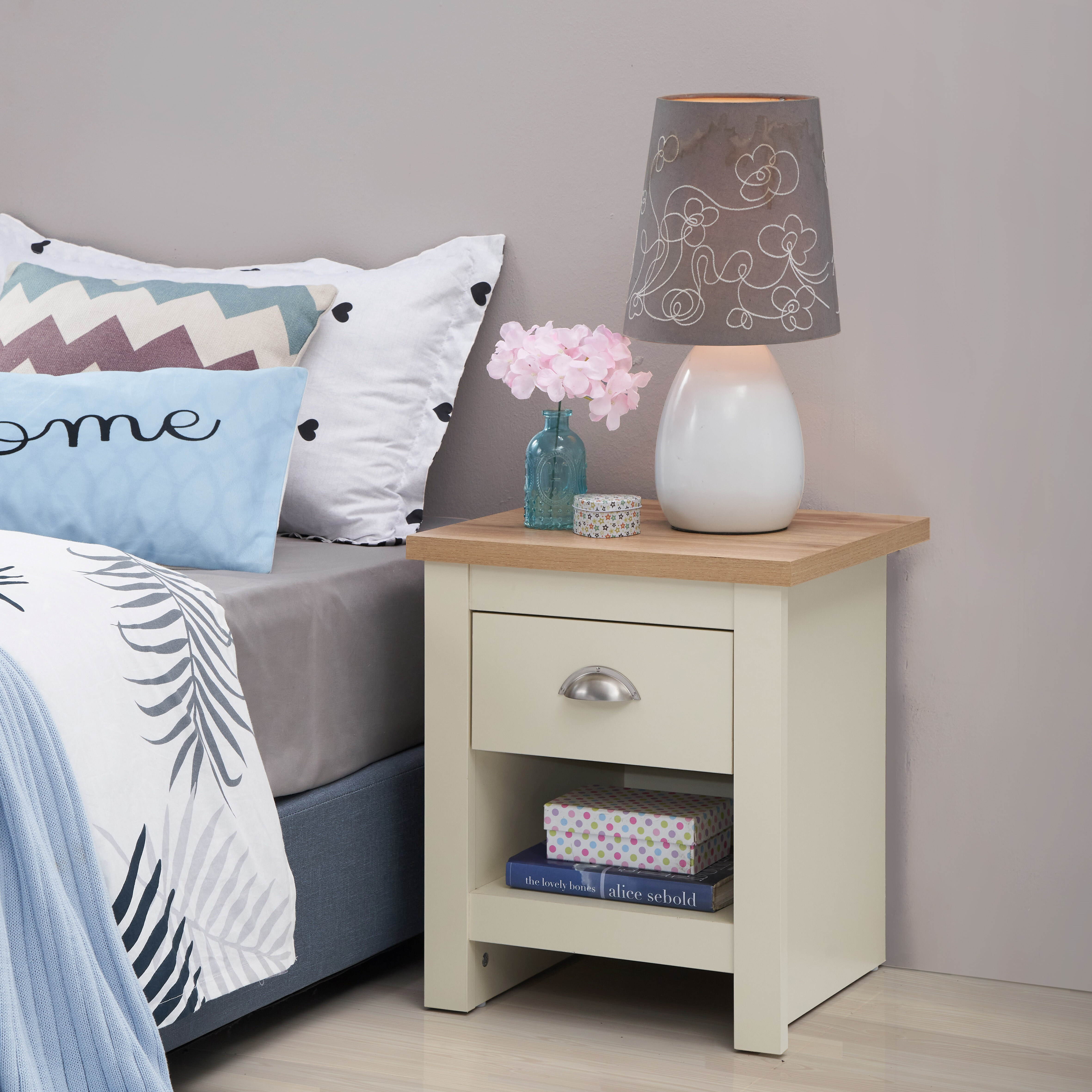 Lisbon Bedside Cabinet Bedroom Furniture Nightstand Drawer Cream: retailer-supplied image
