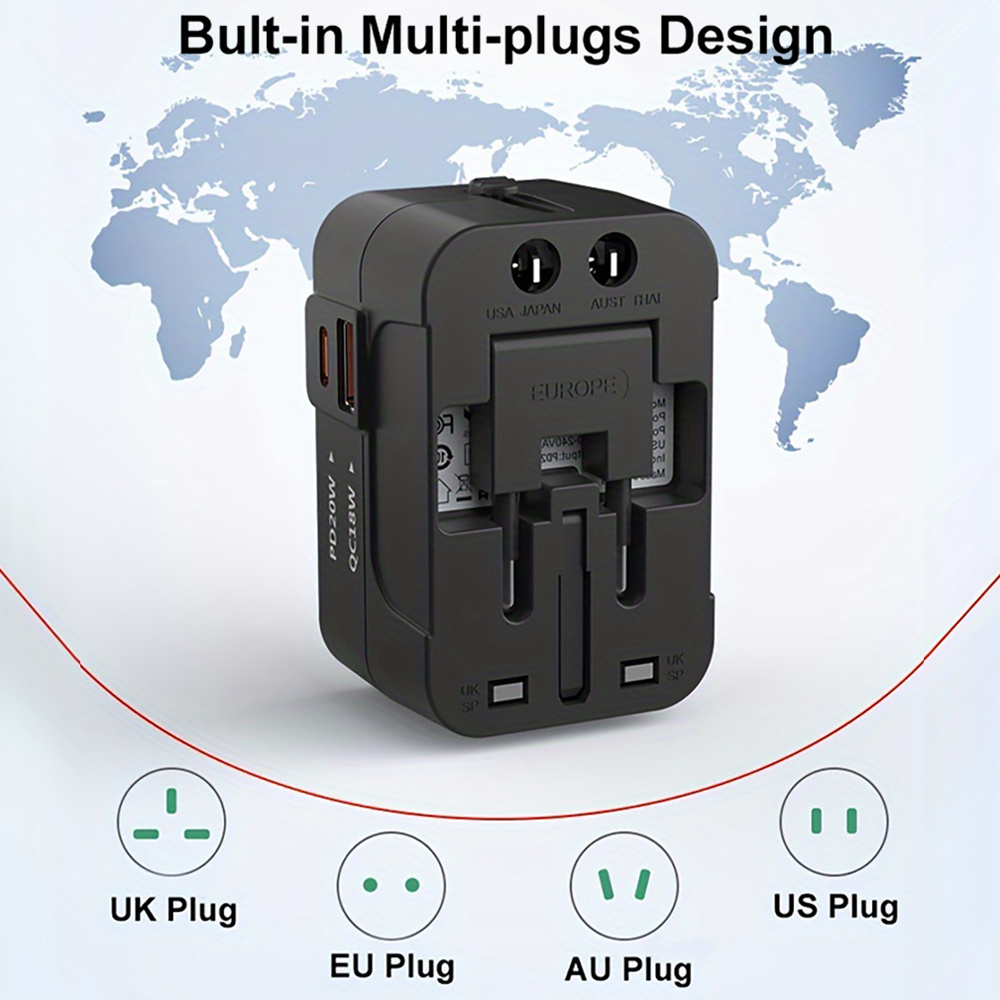 TEMU Universal Travel Adapter, International Travel Plug Adapter With1 Usb+1 Type-c Charger, All Plug Adaptor, Uk To European Power Universal Plug